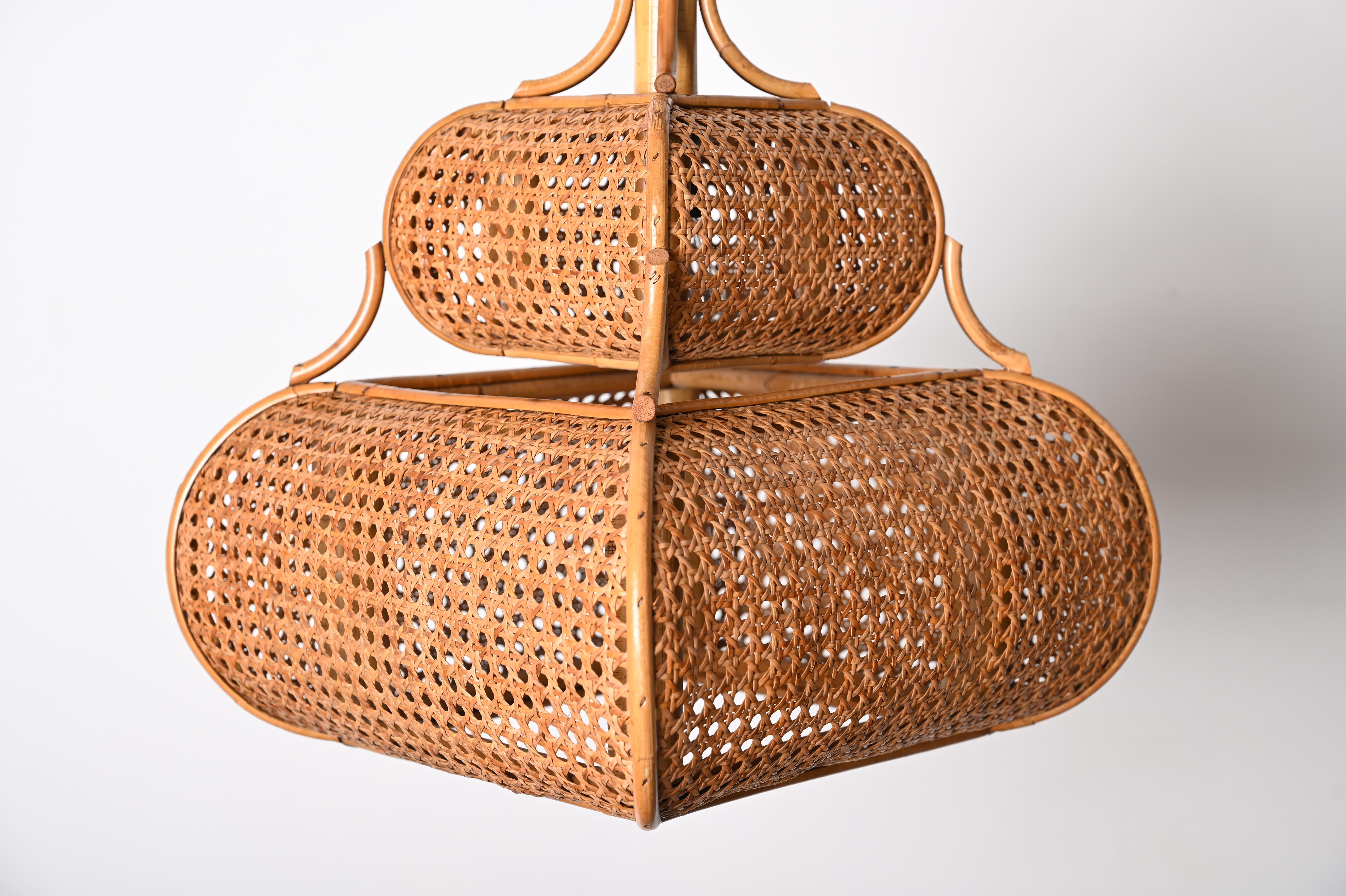 Midcentury French Riviera Chapel Rattan and Wicker Italian Chandelier, 1960s 1