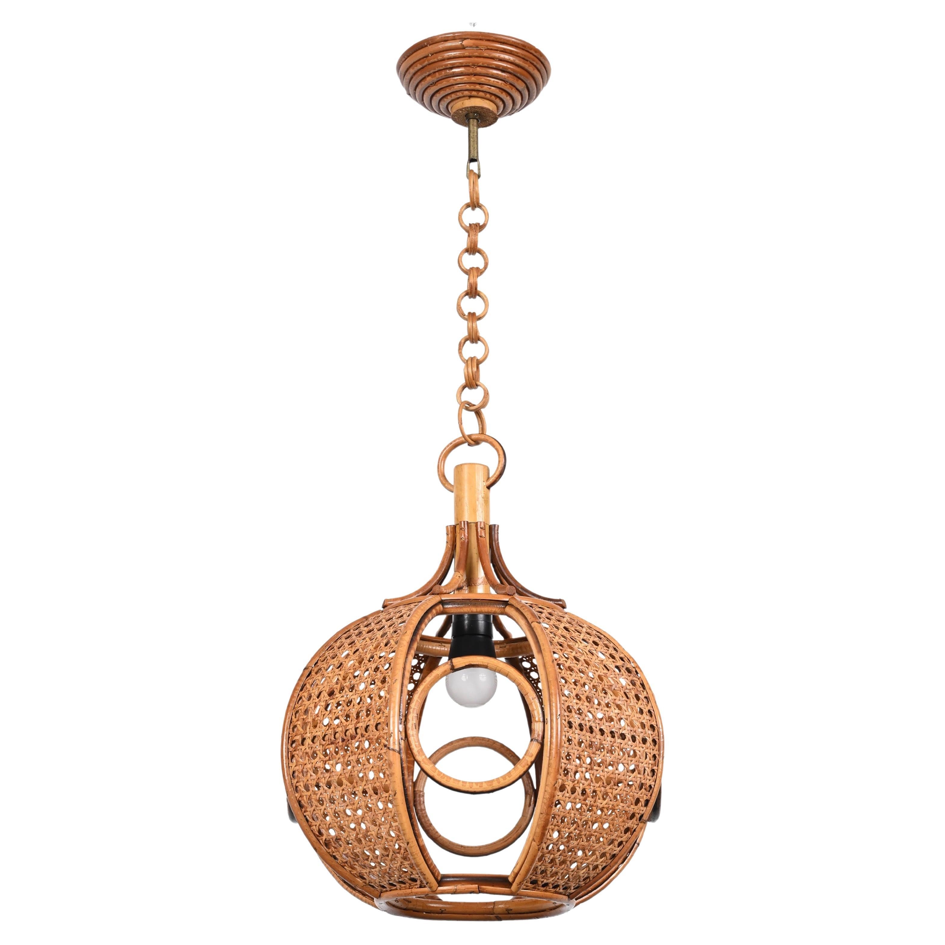 Midcentury French Riviera Chapel Rattan and Wicker Italian Chandelier, 1960s