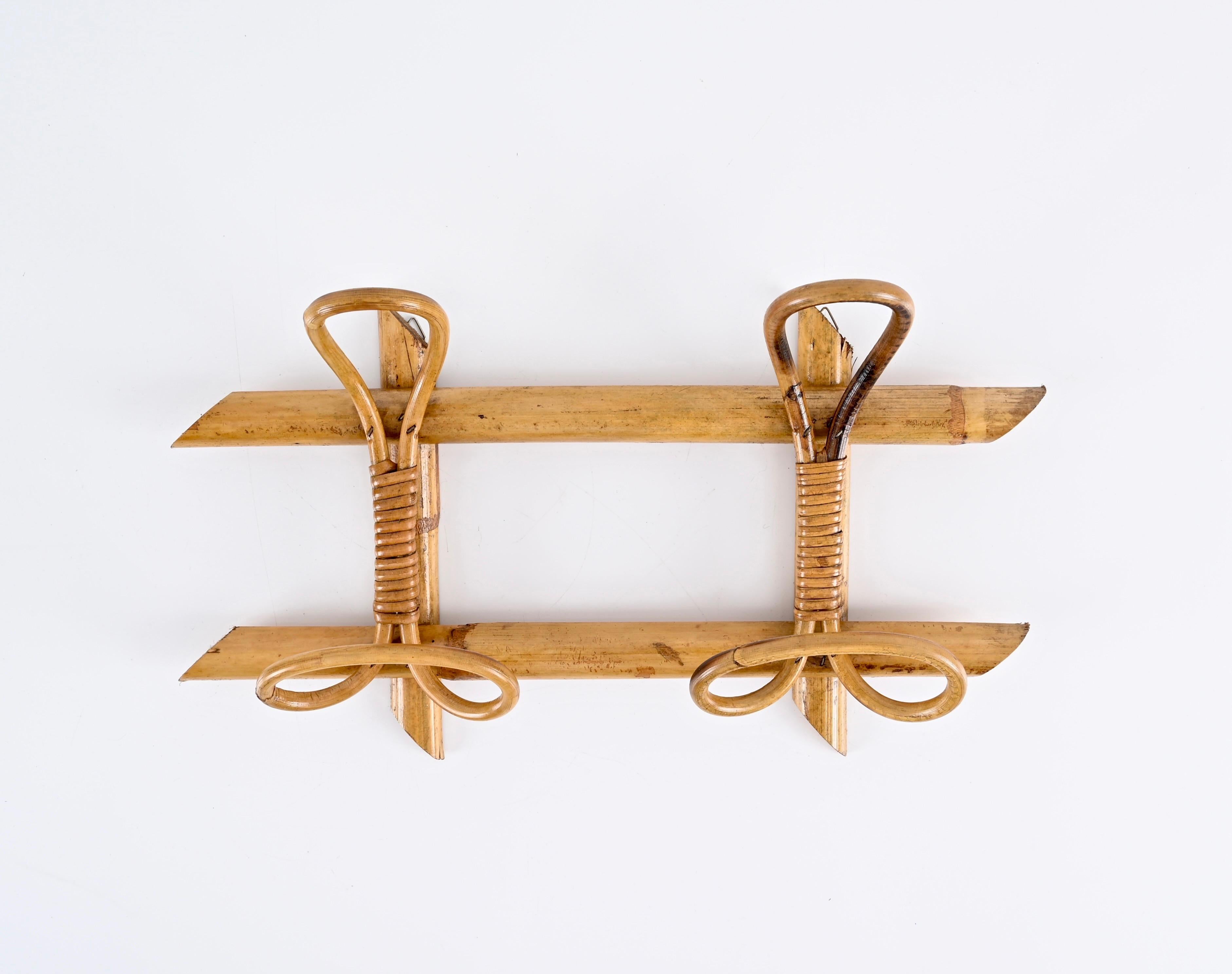 Mid-20th Century Midcentury French Riviera Coat Rack in Rattan, Wicker and Bamboo, Italy 1960s For Sale