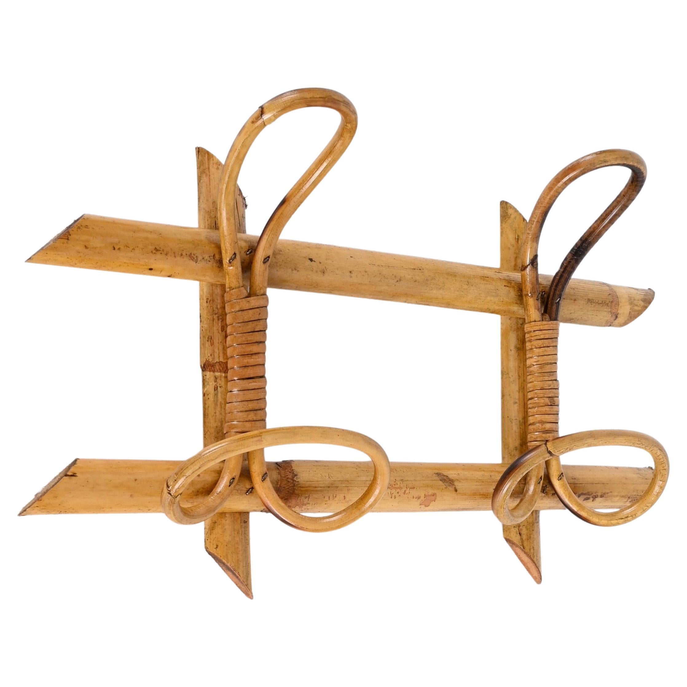 Midcentury French Riviera Coat Rack in Rattan, Wicker and Bamboo, Italy 1960s For Sale