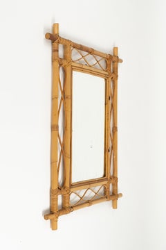Midcentury French Riviera Curved Bamboo and Rattan Wall Mirror, Italy 1960s