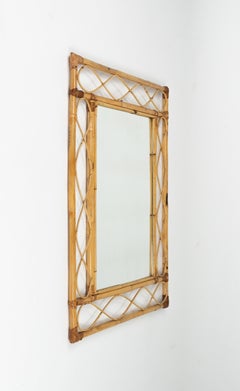 Midcentury French Riviera Curved Bamboo and Rattan Wall Mirror, Italy 1970s