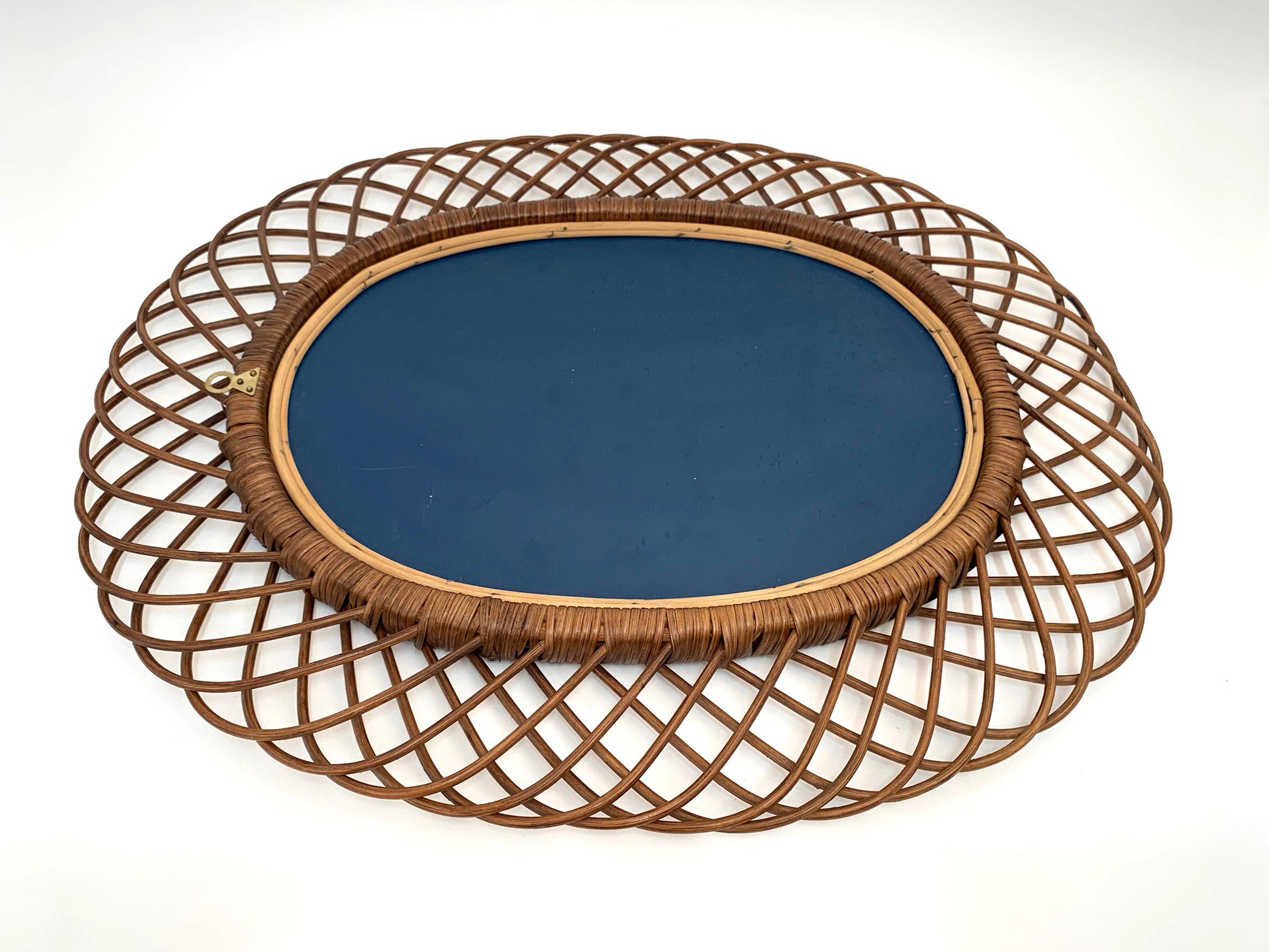 Midcentury French Riviera Curved Rattan and Bamboo Italian Oval Mirror, 1960s 7