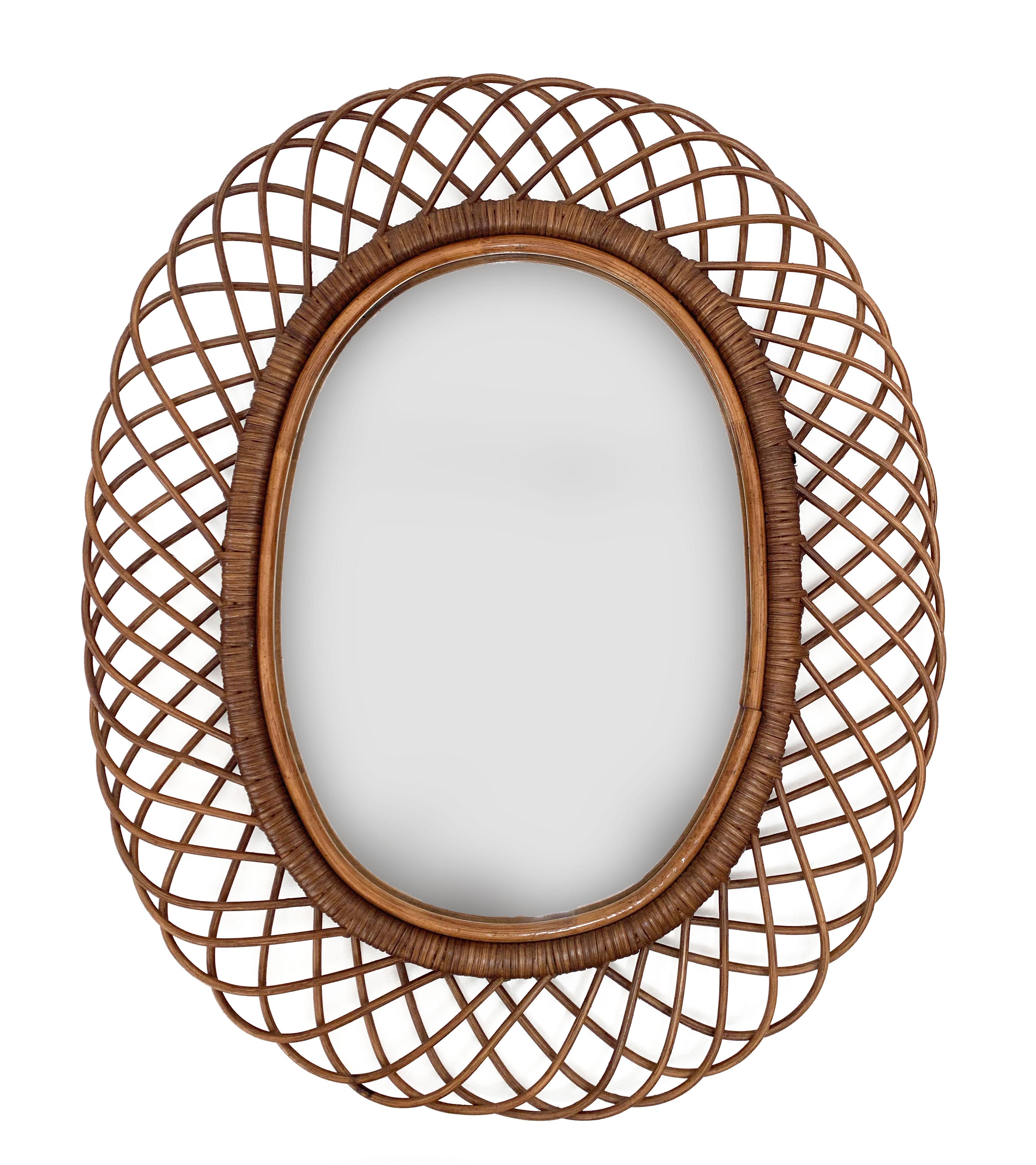 Midcentury French Riviera Curved Rattan and Bamboo Italian Oval Mirror, 1960s 10