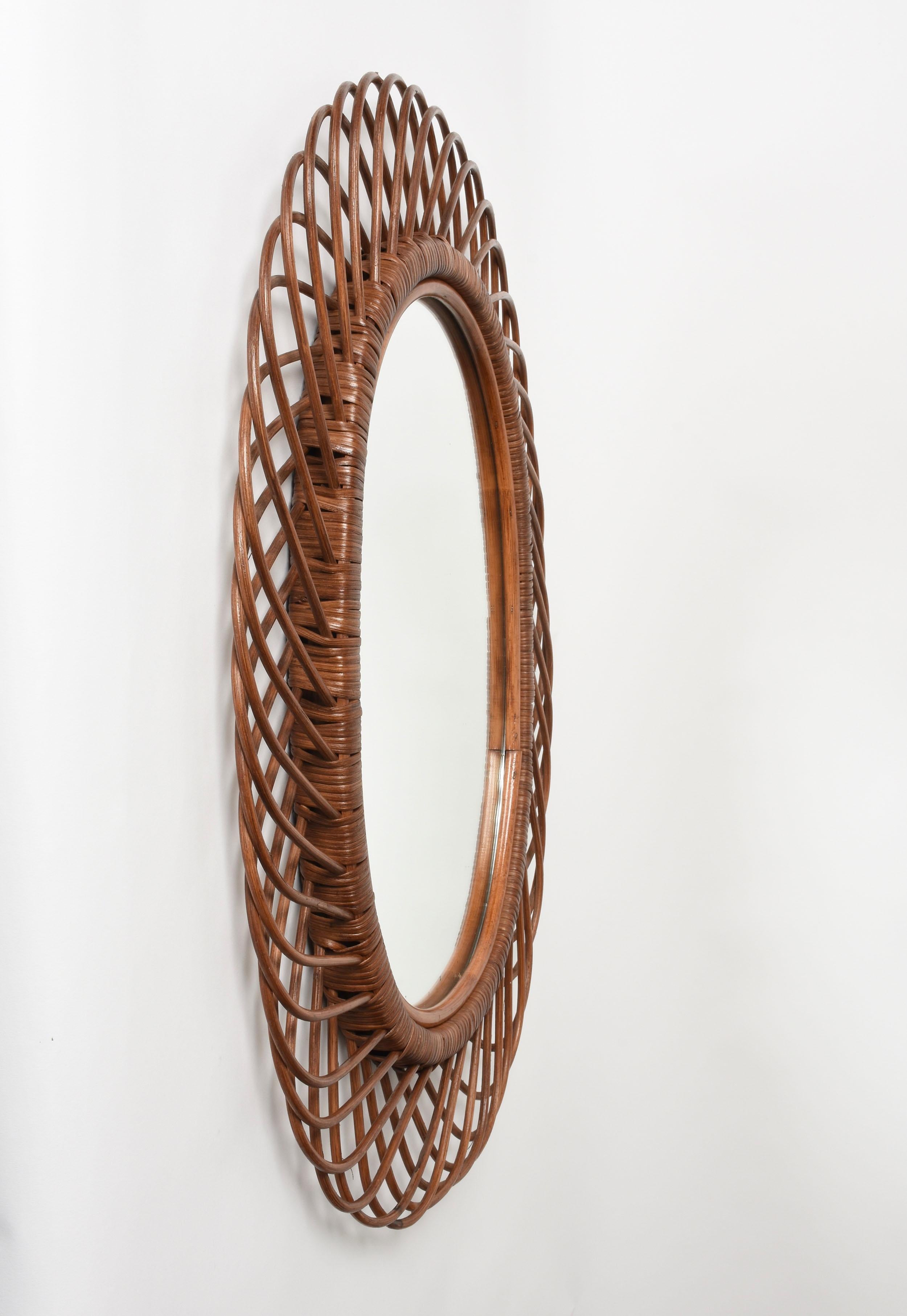 Mid-20th Century Midcentury French Riviera Curved Rattan and Bamboo Italian Oval Mirror, 1960s