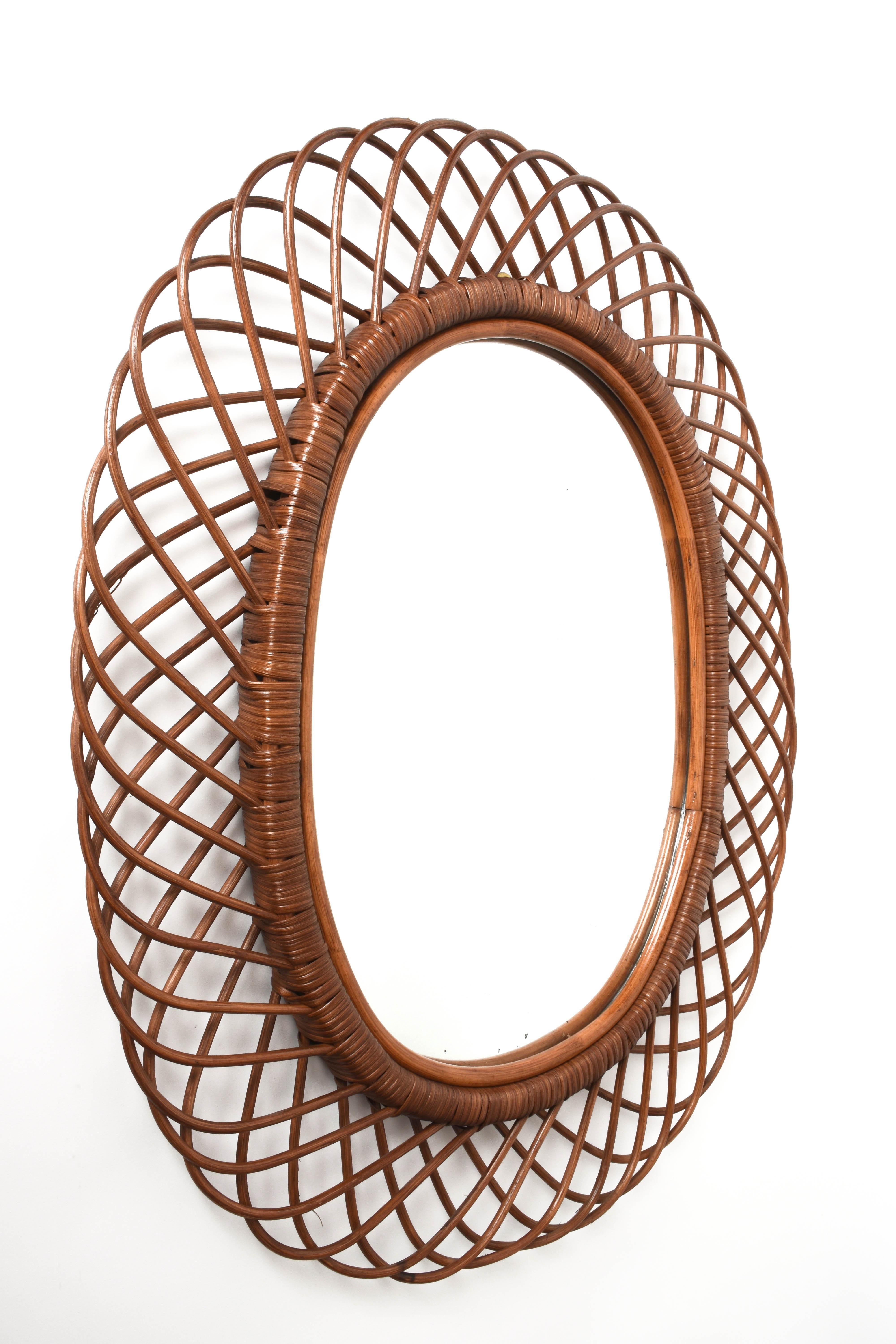 Midcentury French Riviera Curved Rattan and Bamboo Italian Oval Mirror, 1960s 1