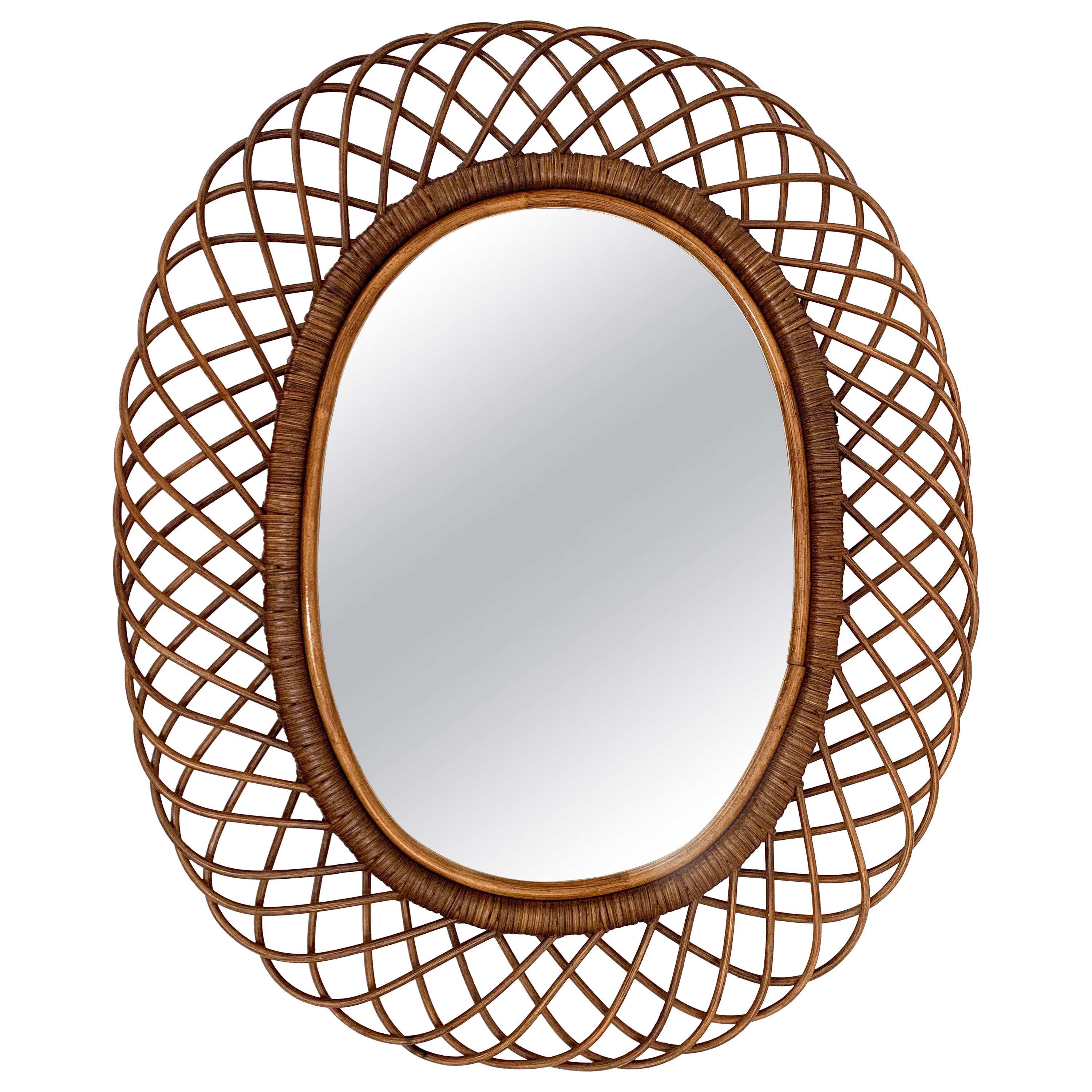 Midcentury French Riviera Curved Rattan and Bamboo Italian Oval Mirror, 1960s