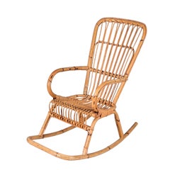Mid-Century French Riviera Curved Rattan and Bamboo Italian Rocking Chair, 1970s
