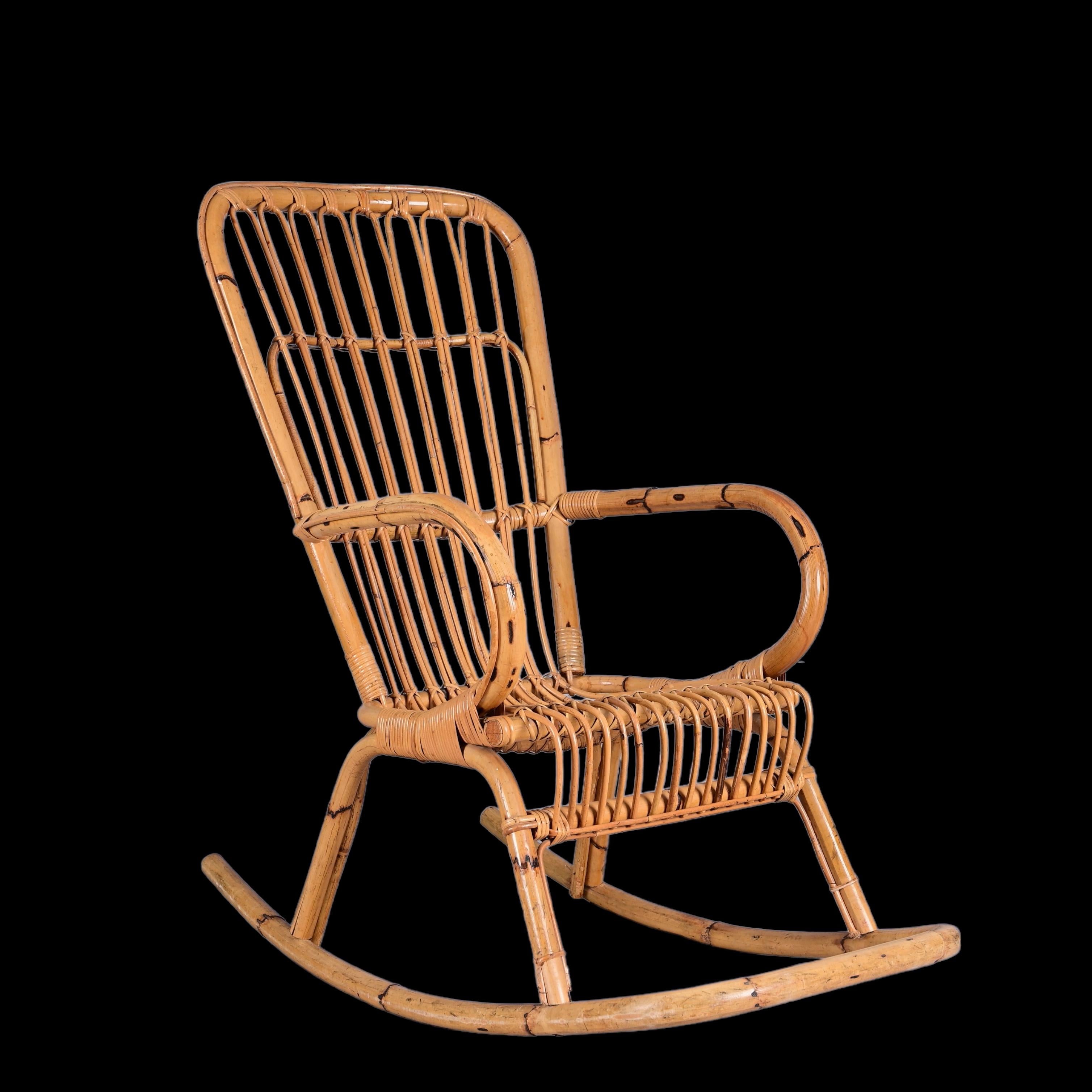 Mid-Century Modern Mid-Century French Riviera Curved Rattan and Bamboo Italian Rocking Chair, 1970s For Sale