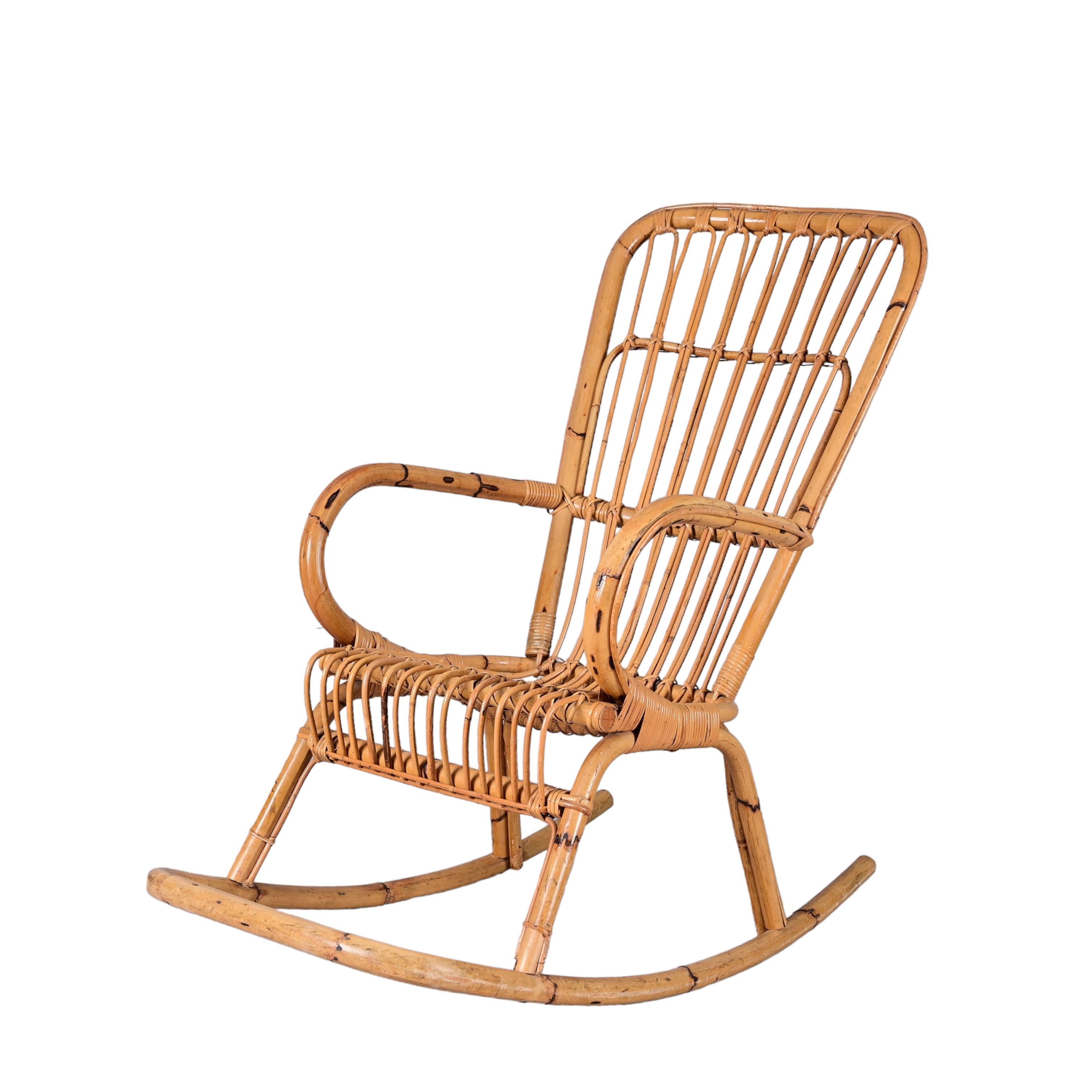20th Century Mid-Century French Riviera Curved Rattan and Bamboo Italian Rocking Chair, 1970s For Sale