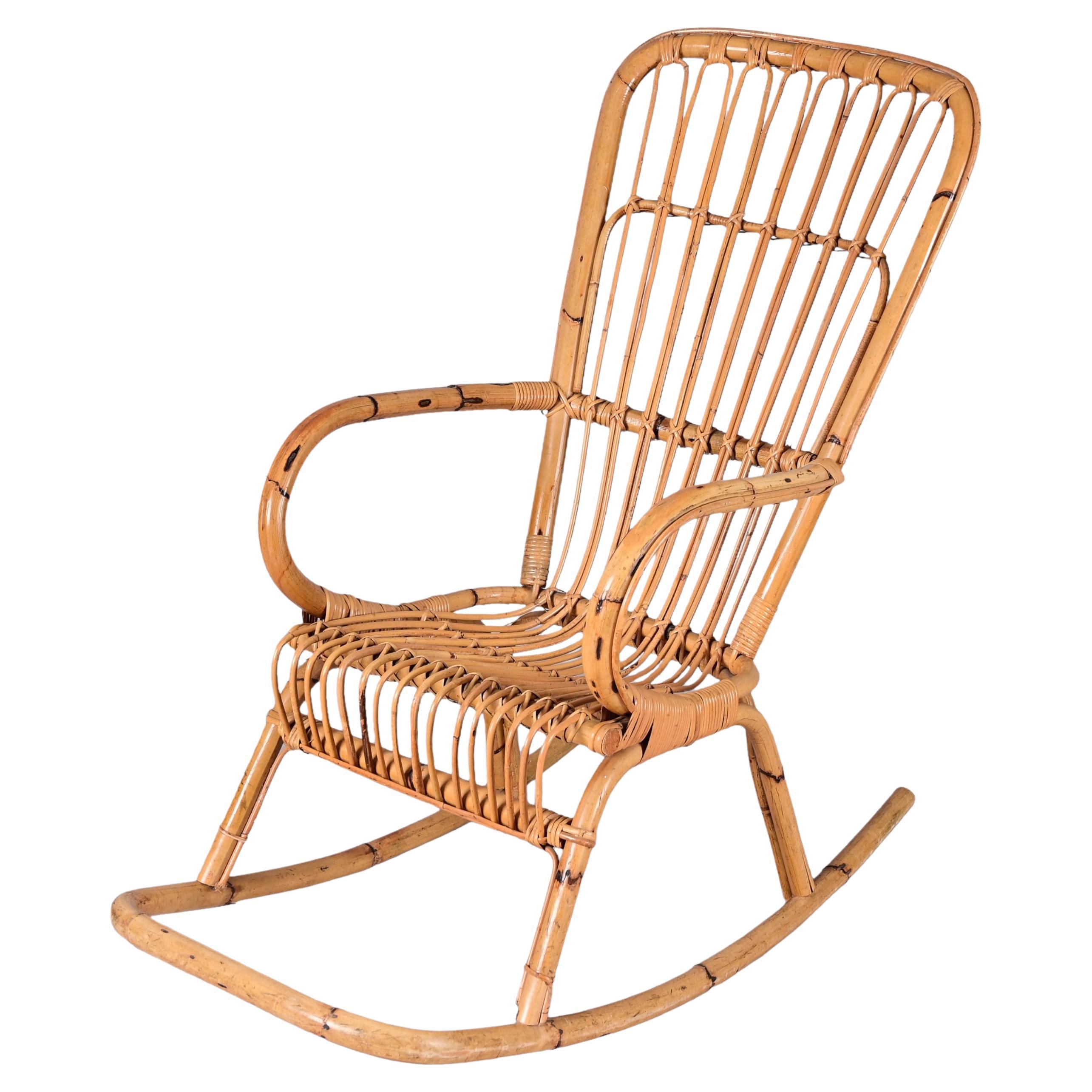 Mid-Century French Riviera Curved Rattan and Bamboo Italian Rocking Chair, 1970s For Sale