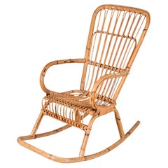 Mid-Century French Riviera Curved Rattan and Bamboo Italian Rocking Chair, 1970s