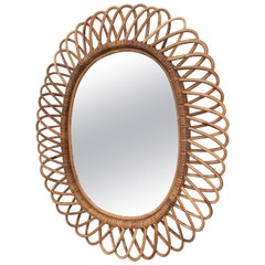 Vintage Midcentury French Riviera Franco Albini Bamboo and Rattan Oval Mirror Italy 1960