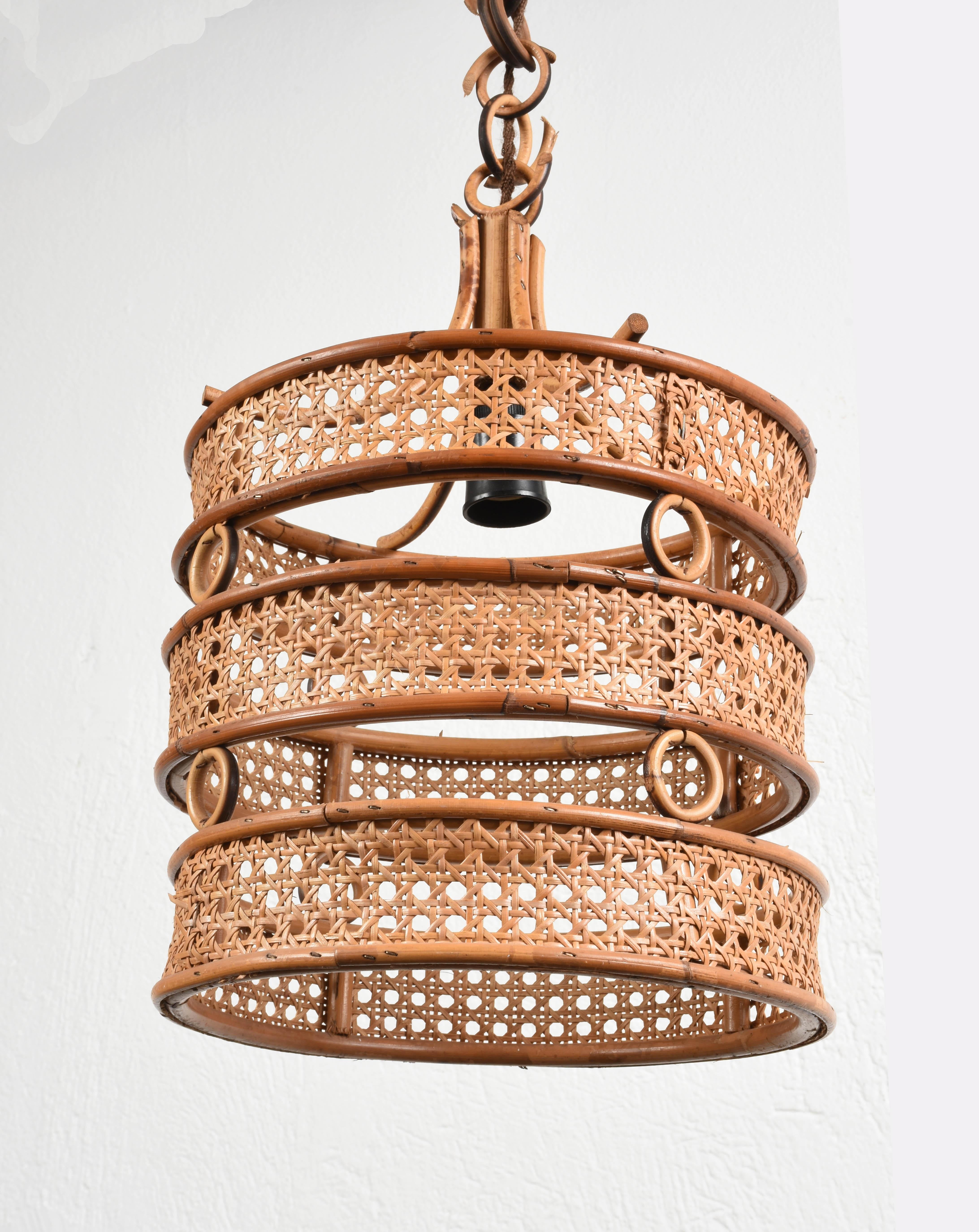 Midcentury French Riviera Franco Albini Rattan and Wicker Chandelier, 1960s 4