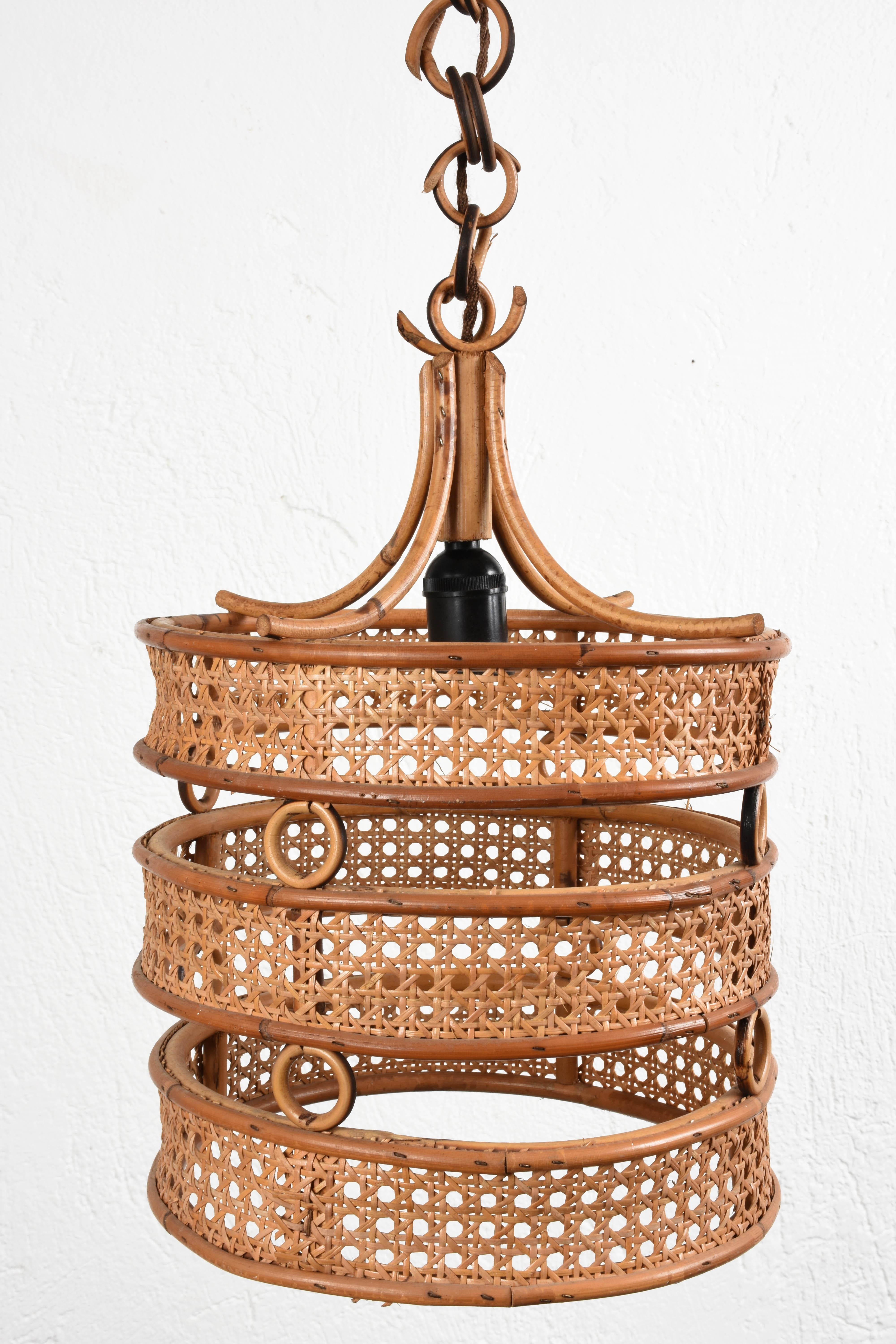 Midcentury French Riviera Franco Albini Rattan and Wicker Chandelier, 1960s 5