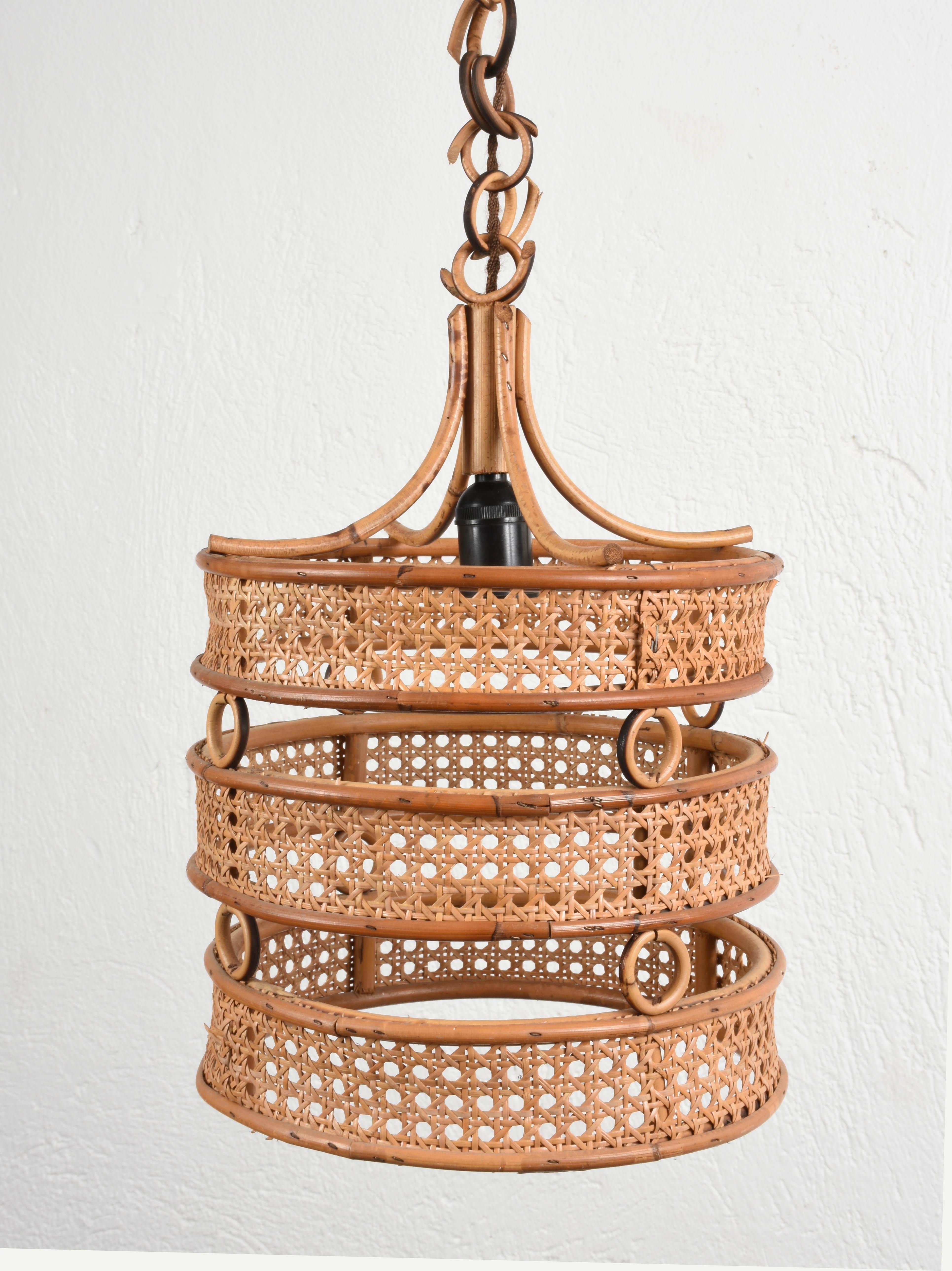 Midcentury French Riviera Franco Albini Rattan and Wicker Chandelier, 1960s 1