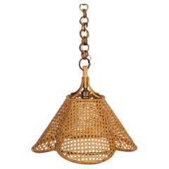 Midcentury French Riviera Hand-Crafted Chandelier Rattan and Wicker, Italy 1960s