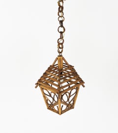 Midcentury French Riviera Lantern Chandelier in Bamboo and Rattan, Italy 1960s