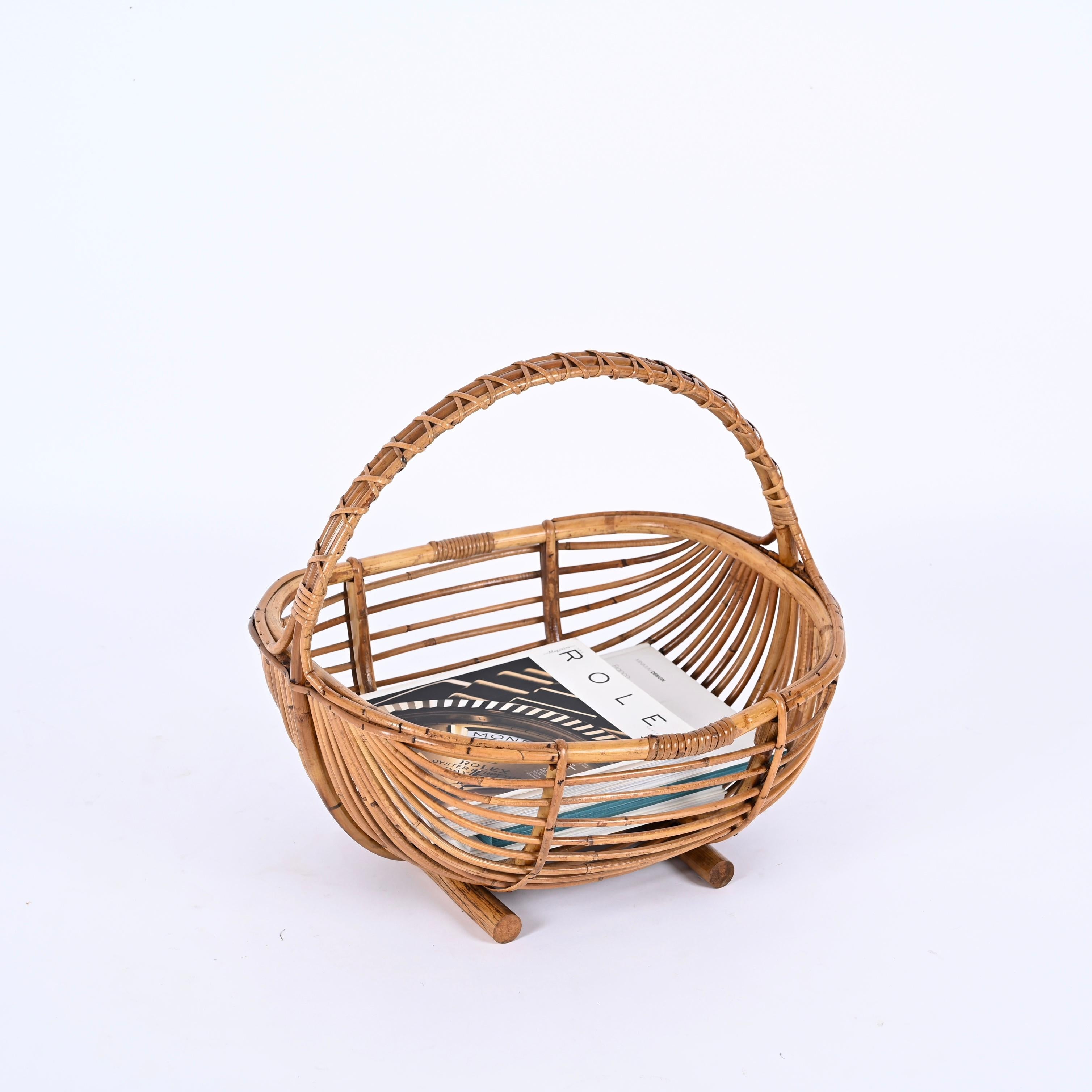 Midcentury French Riviera Magazine Rack in Bamboo and Rattan, Italy 1970s For Sale 4