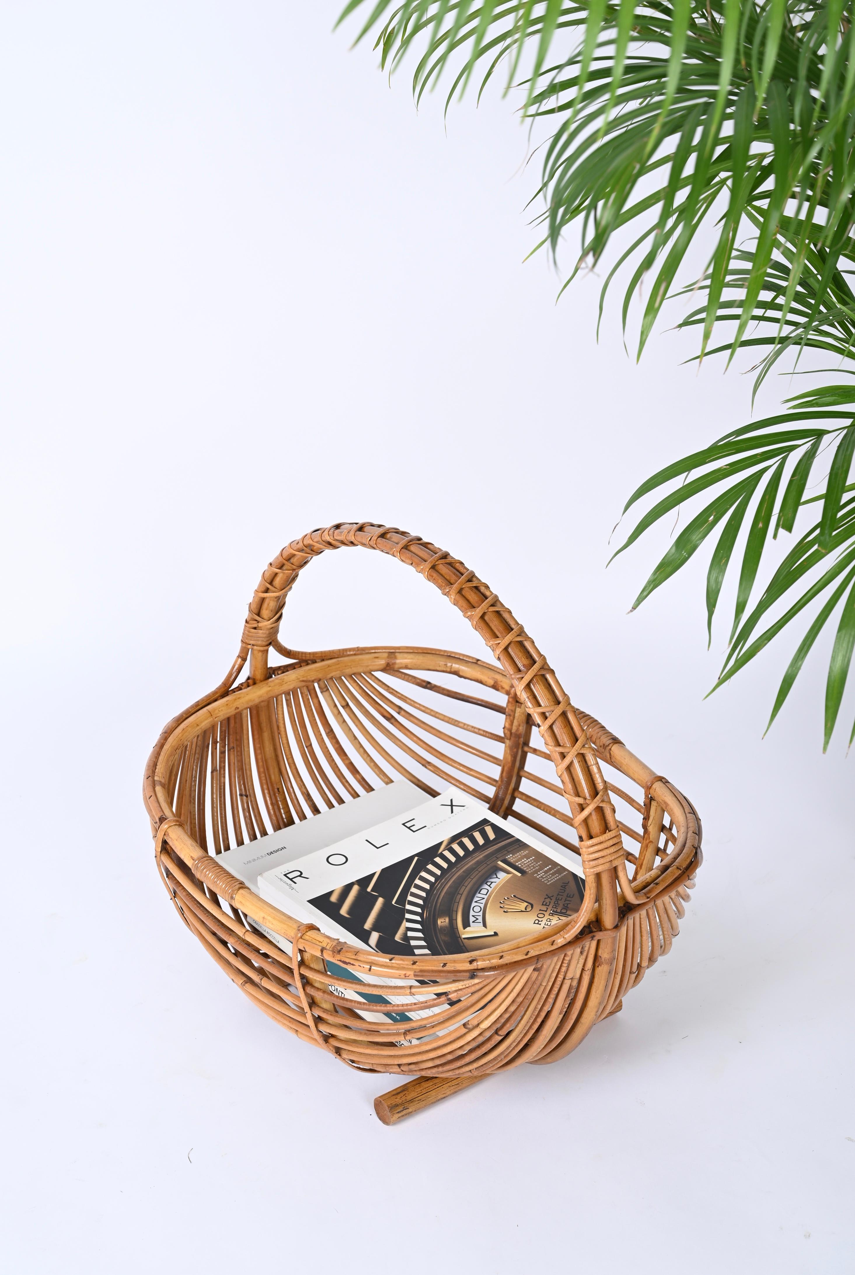 Midcentury French Riviera Magazine Rack in Bamboo and Rattan, Italy 1970s For Sale 7