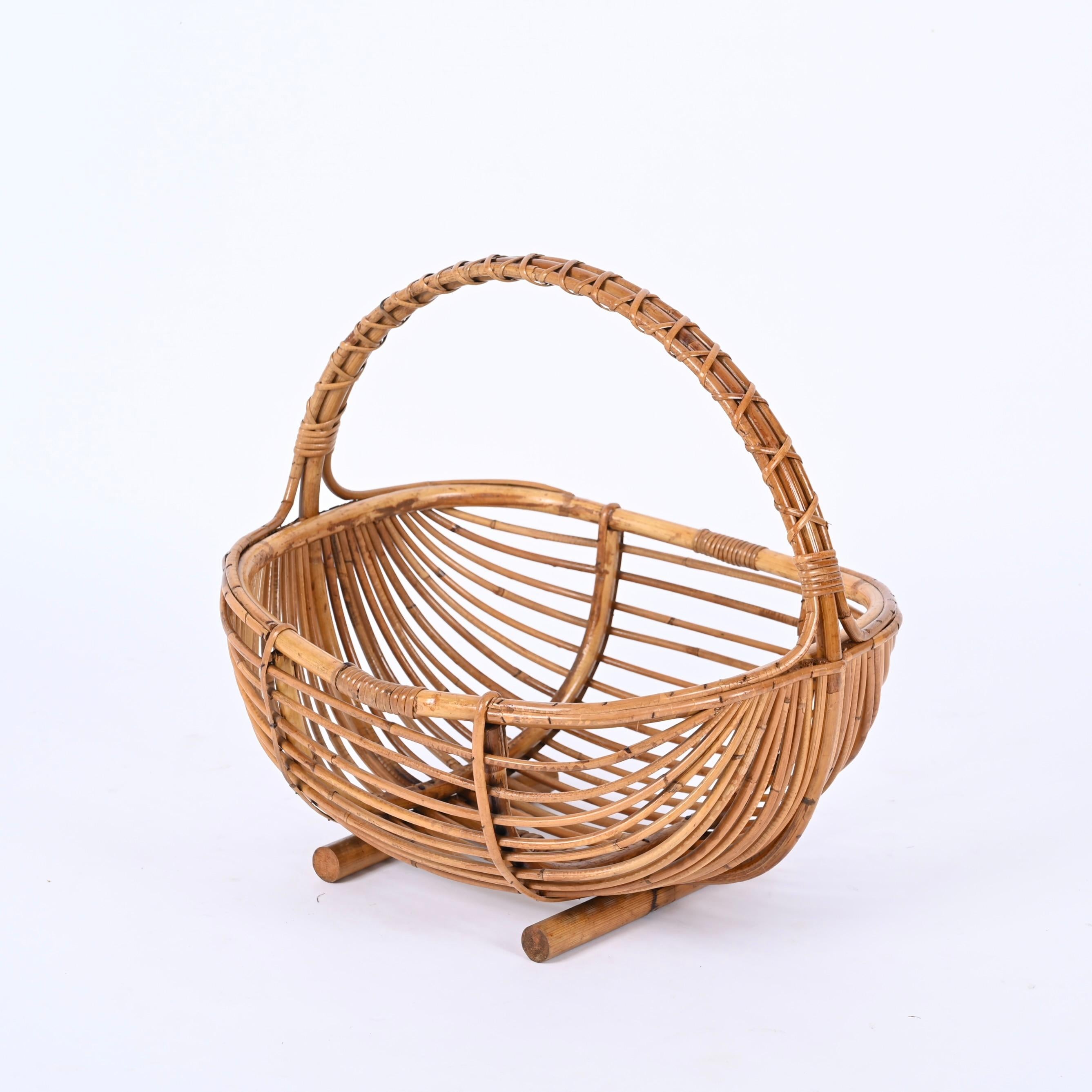 Mid-Century Modern Midcentury French Riviera Magazine Rack in Bamboo and Rattan, Italy 1970s For Sale