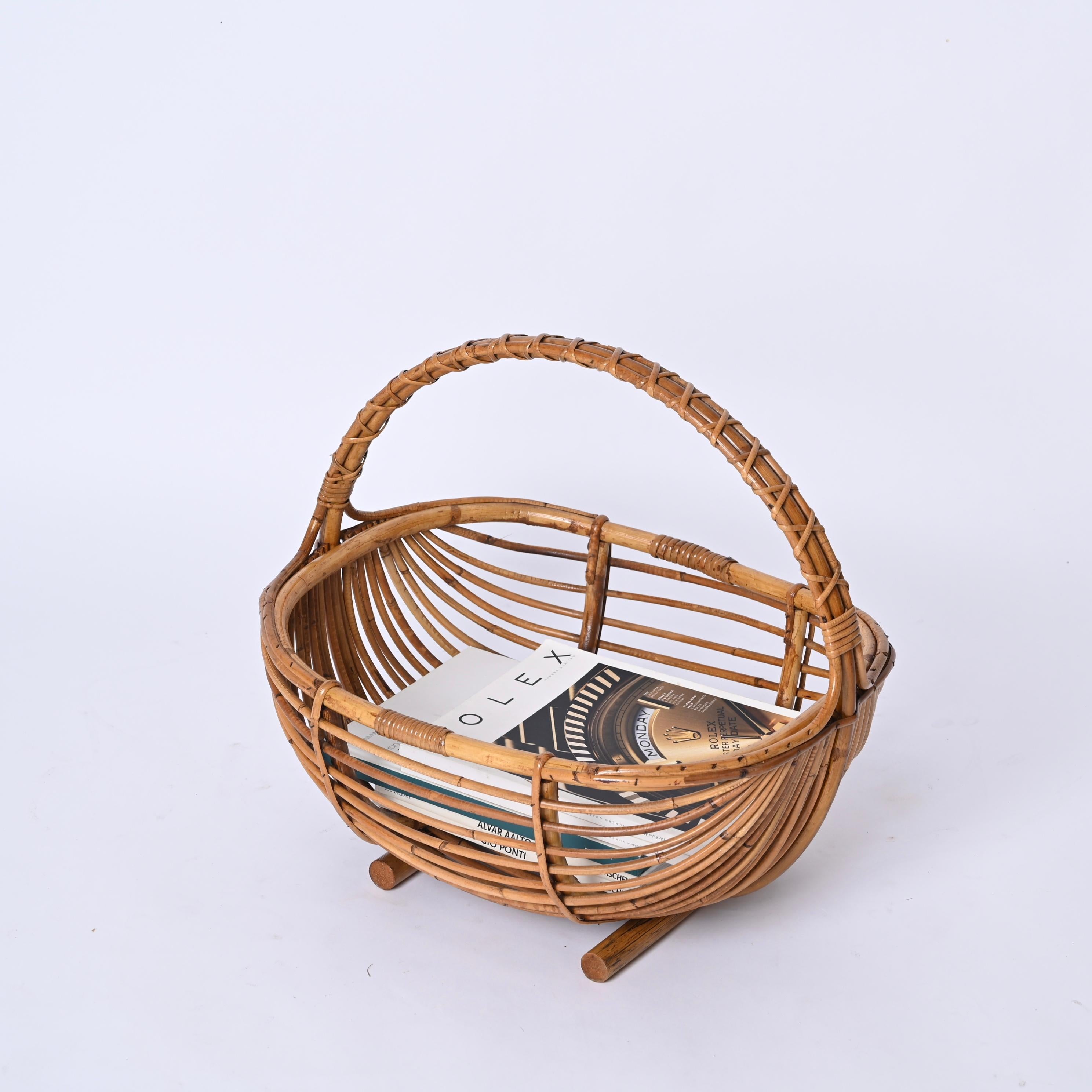 Italian Midcentury French Riviera Magazine Rack in Bamboo and Rattan, Italy 1970s For Sale