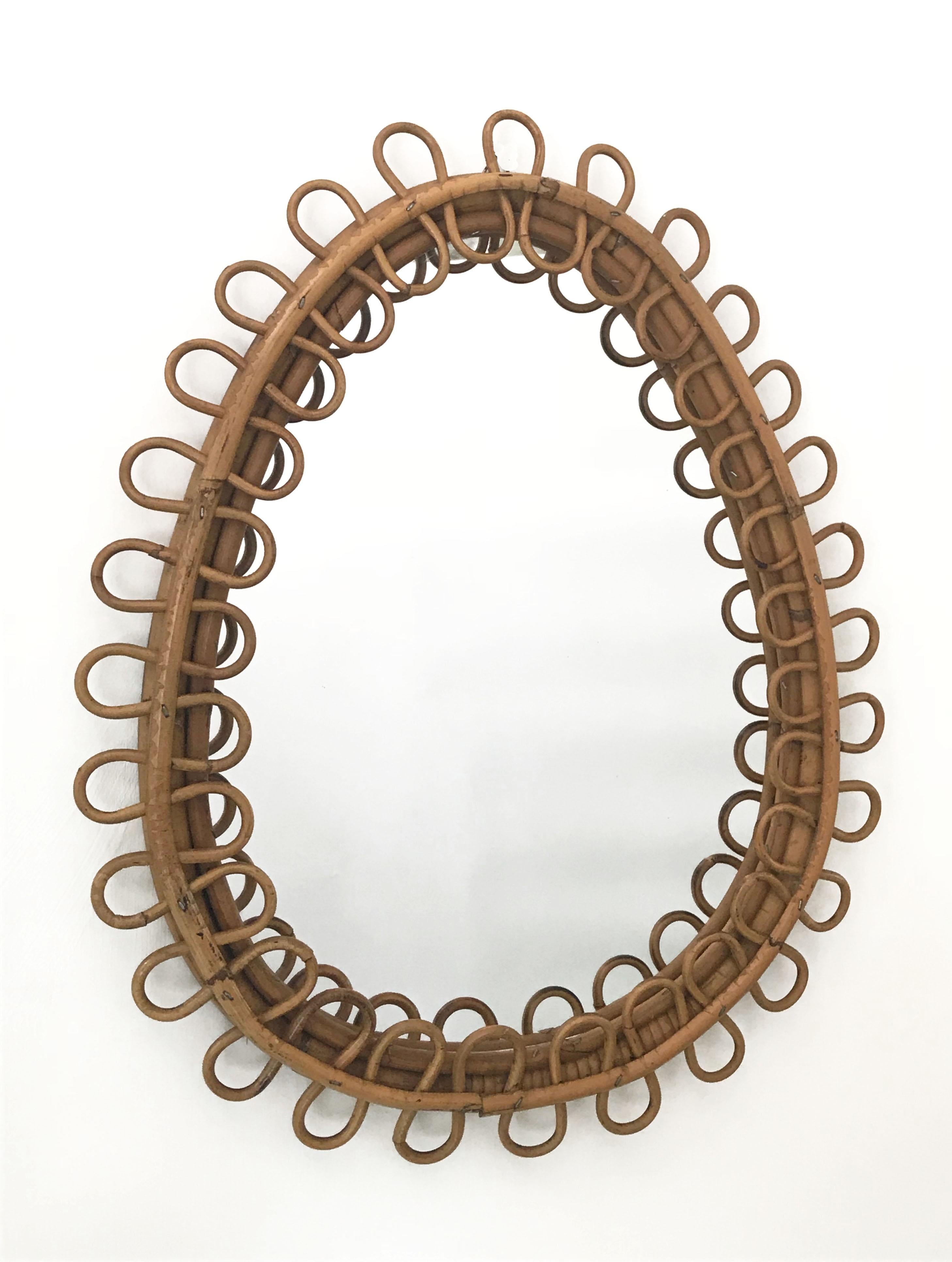 Mid-Century Modern Midcentury French Riviera Oval Bamboo and Rattan Italian Wall Mirror, 1960s