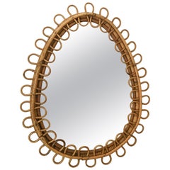 Midcentury French Riviera Oval Bamboo and Rattan Italian Wall Mirror, 1960s