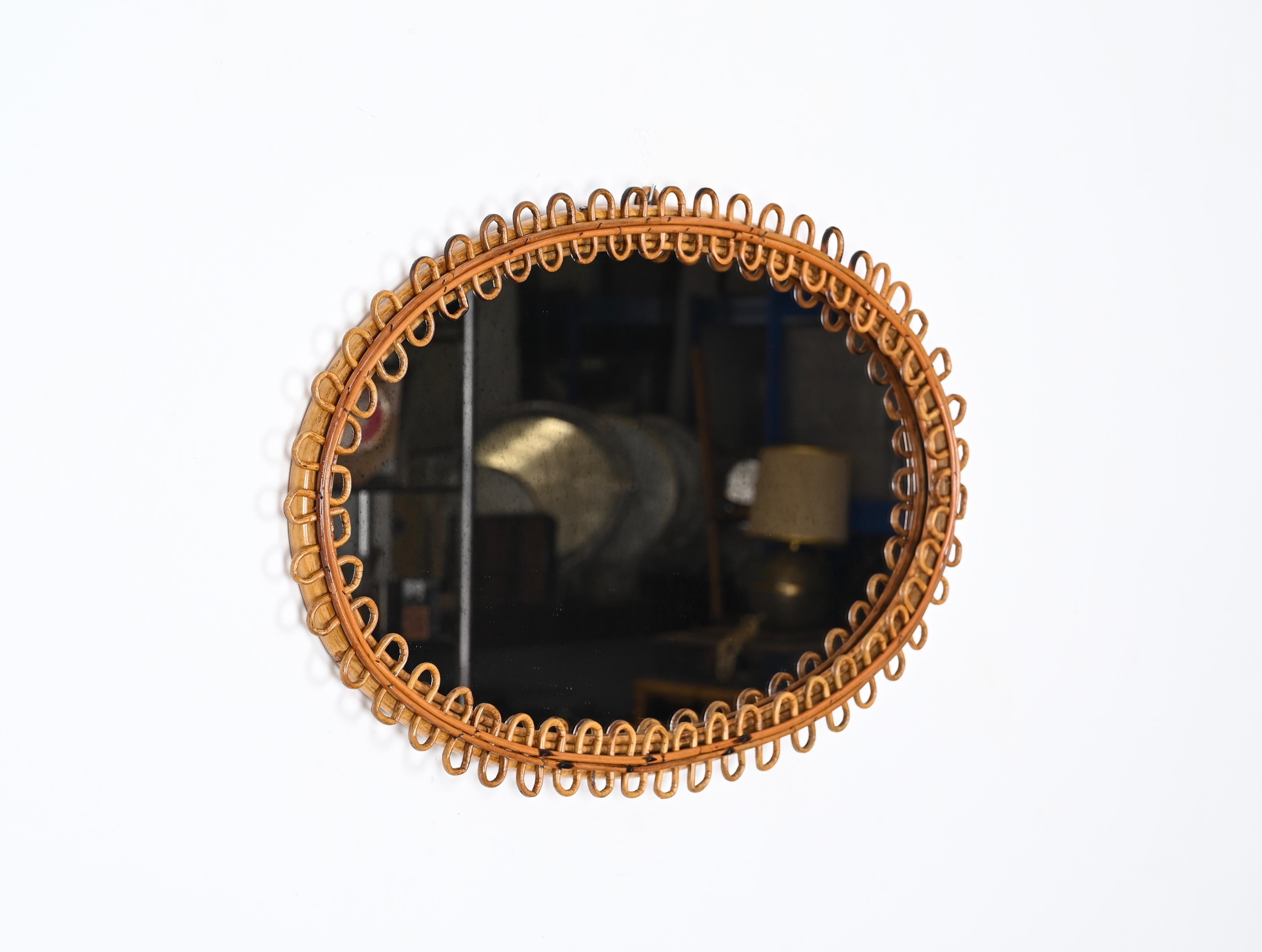 Midcentury French Riviera Oval Mirror in Curved Rattan and Bamboo, Italy 1960s 5