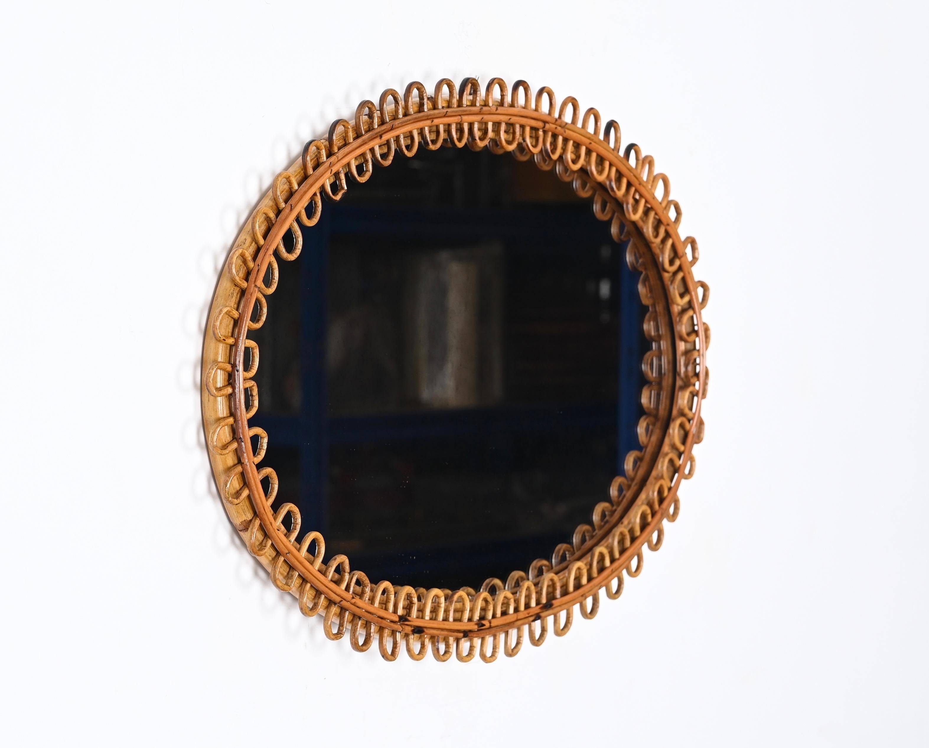 Midcentury French Riviera Oval Mirror in Curved Rattan and Bamboo, Italy 1960s 6