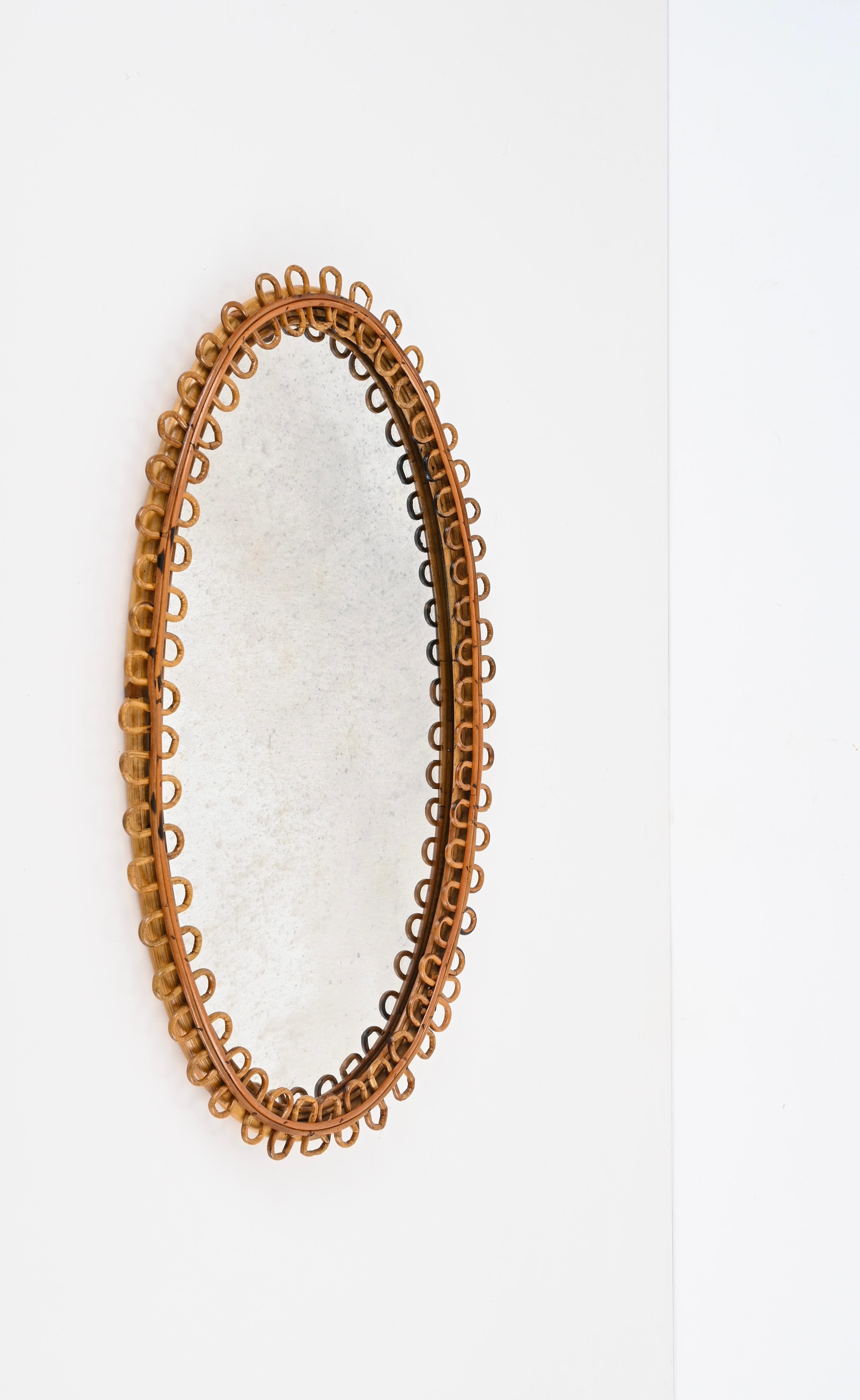 Midcentury French Riviera Oval Mirror in Curved Rattan and Bamboo, Italy 1960s 8