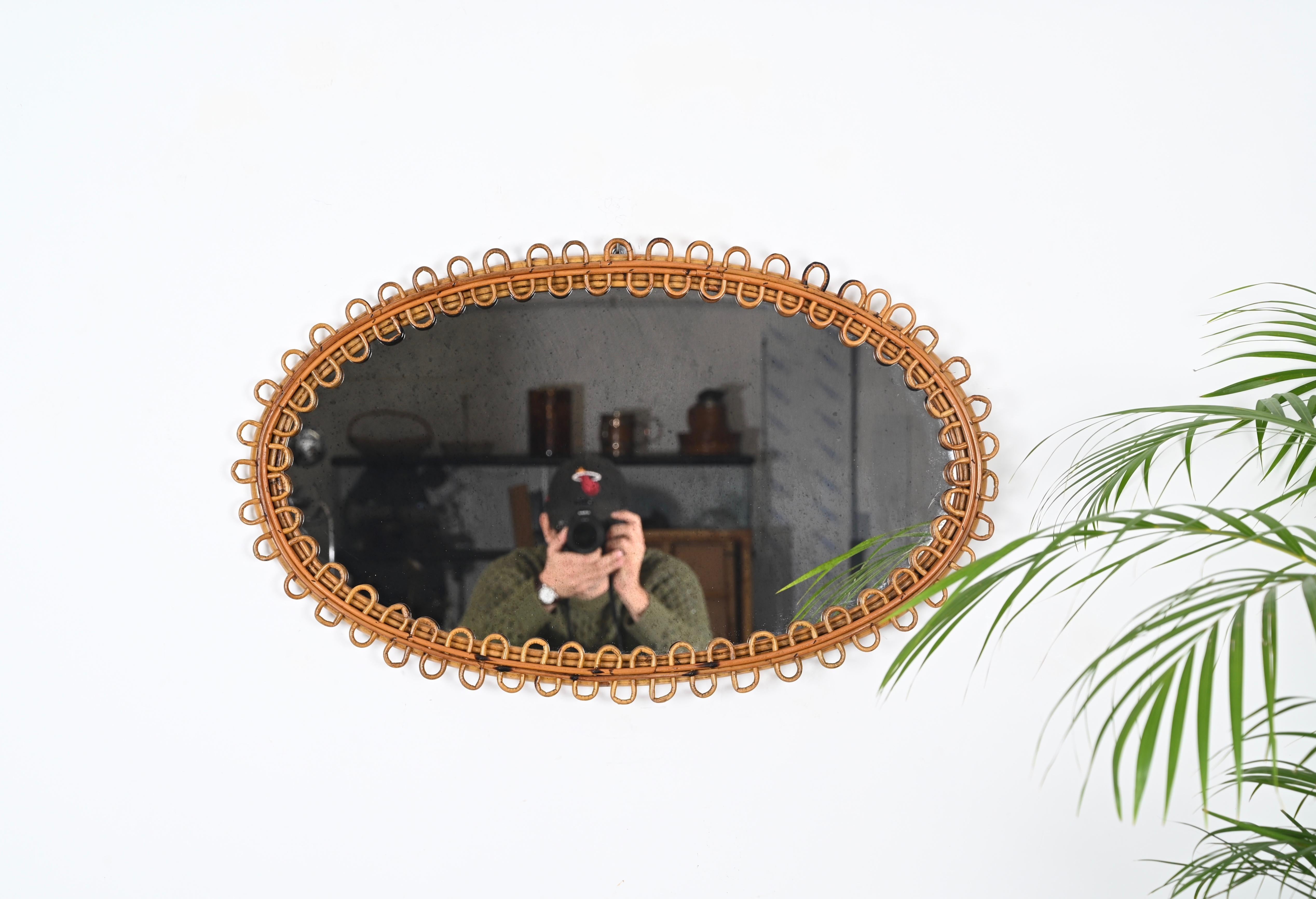 Midcentury French Riviera Oval Mirror in Curved Rattan and Bamboo, Italy 1960s 2