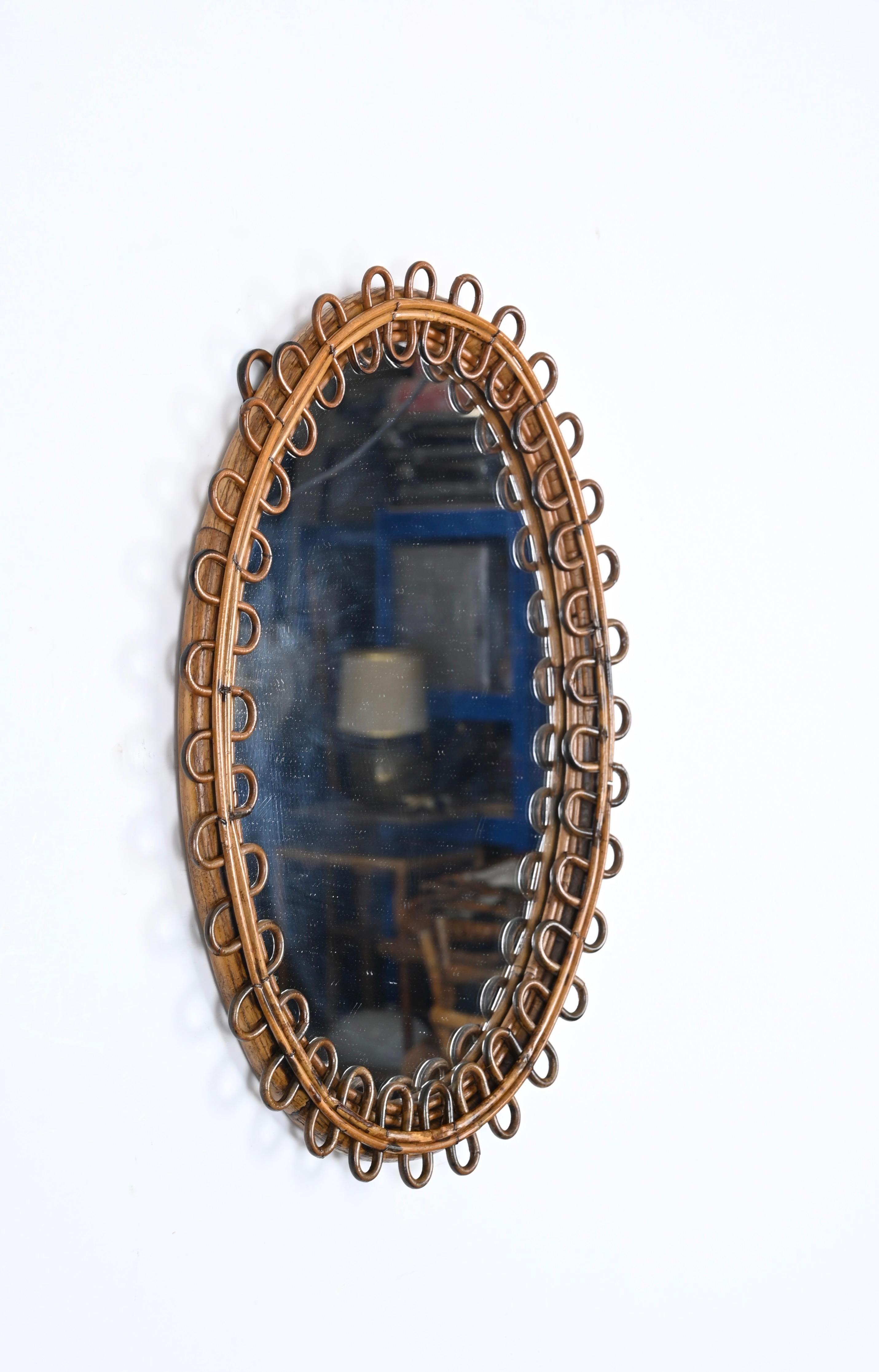 Midcentury French Riviera Oval Mirror in Rattan and Bamboo, Italy 1960s 6