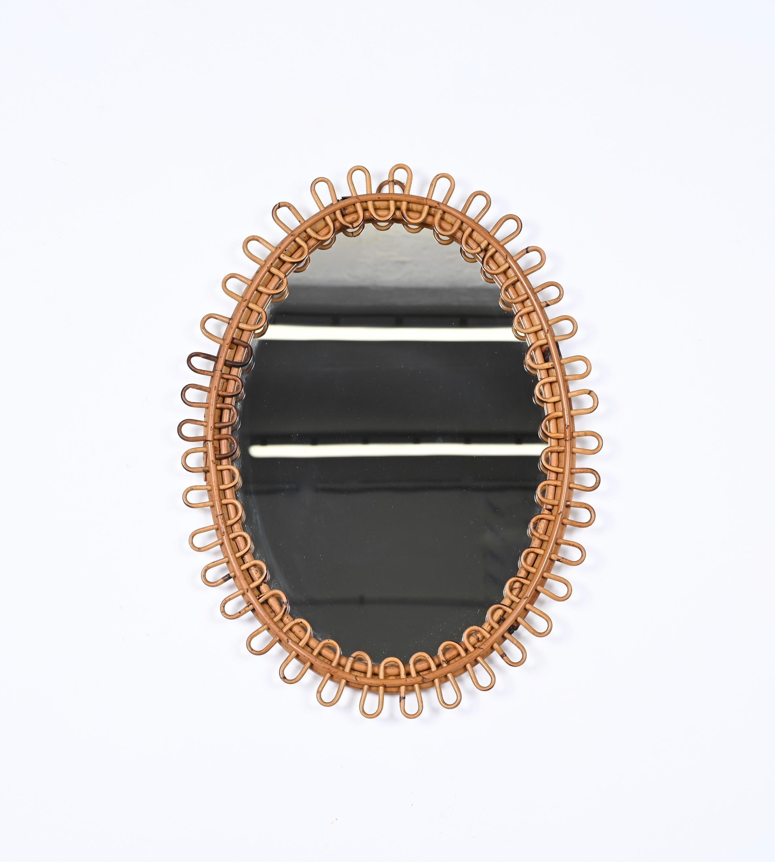Midcentury French Riviera Oval Mirror in Rattan and Bamboo, Italy 1960s 8