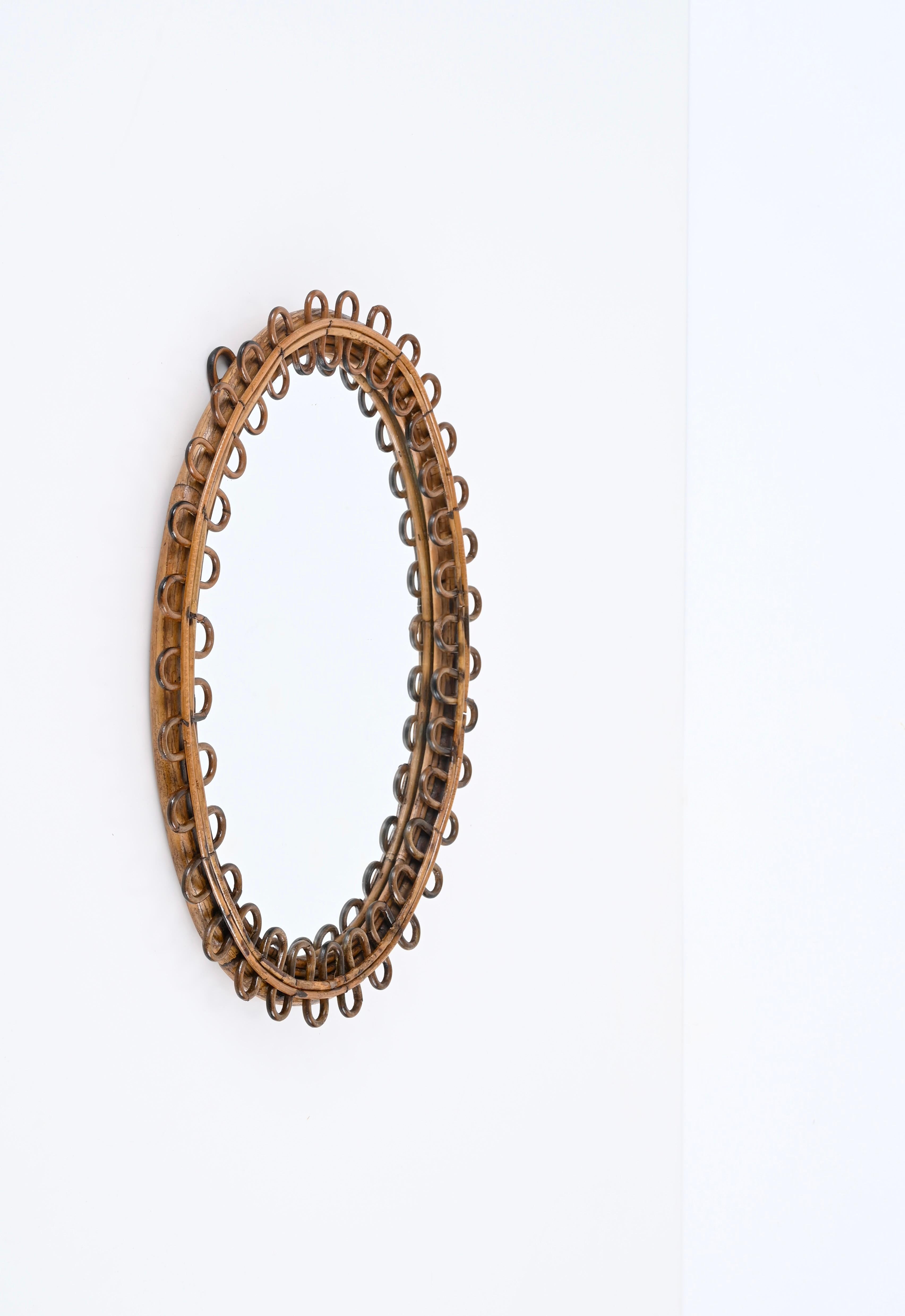 Mid-Century Modern Midcentury French Riviera Oval Mirror in Rattan and Bamboo, Italy 1960s