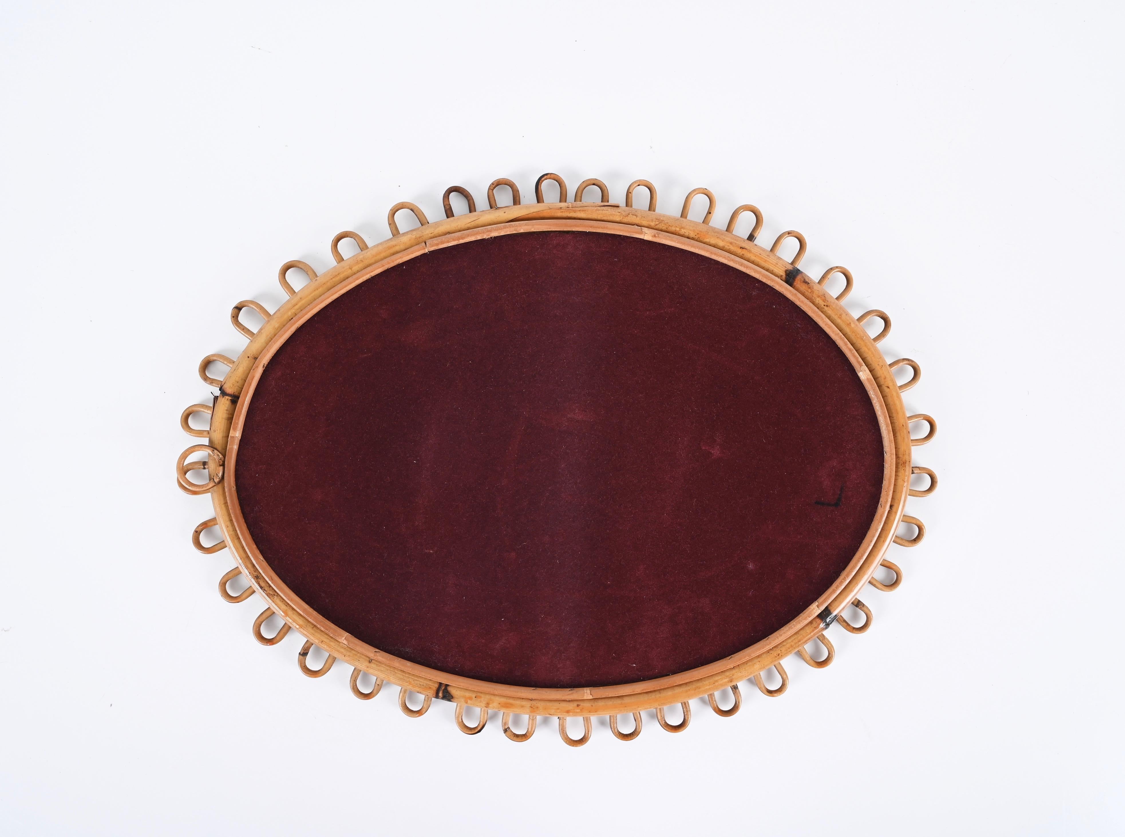 Mid-20th Century Midcentury French Riviera Oval Mirror in Rattan and Bamboo, Italy 1960s