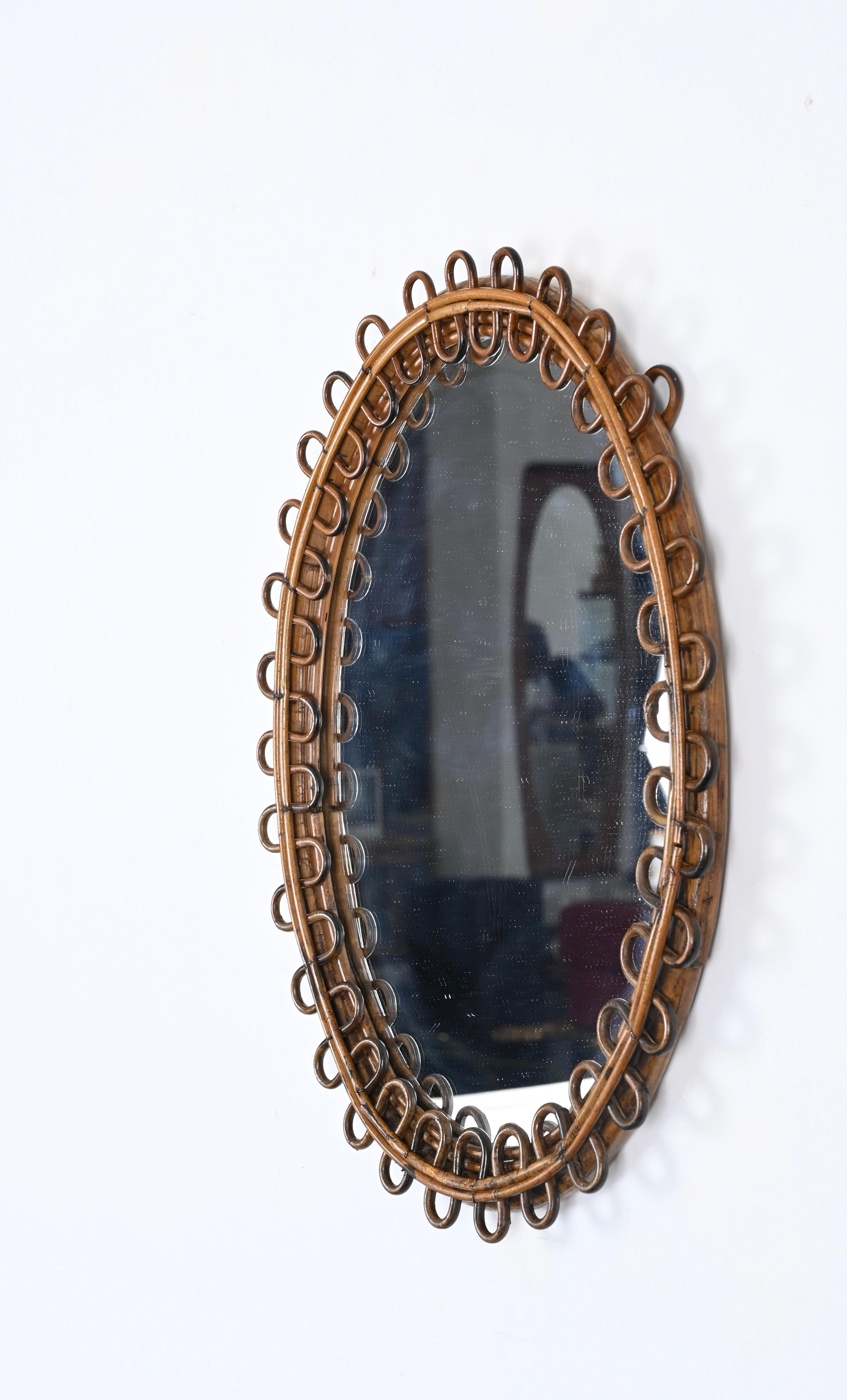 Midcentury French Riviera Oval Mirror in Rattan and Bamboo, Italy 1960s In Good Condition In Roma, IT