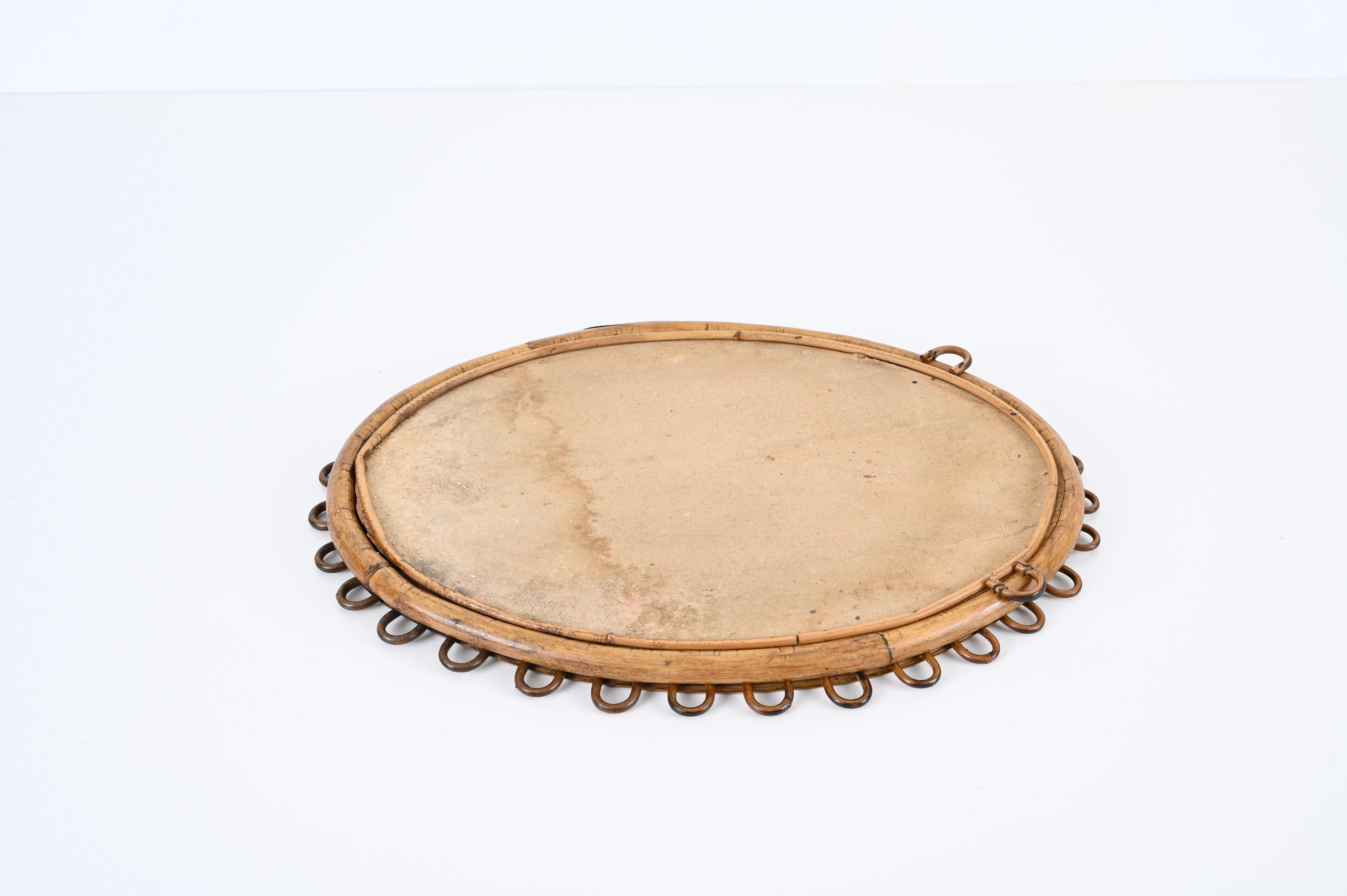 Midcentury French Riviera Oval Mirror in Rattan and Bamboo, Italy 1960s 1