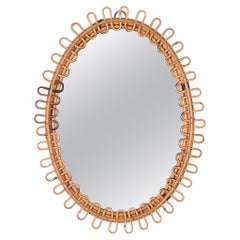 Midcentury French Riviera Oval Mirror in Rattan and Bamboo, Italy 1960s