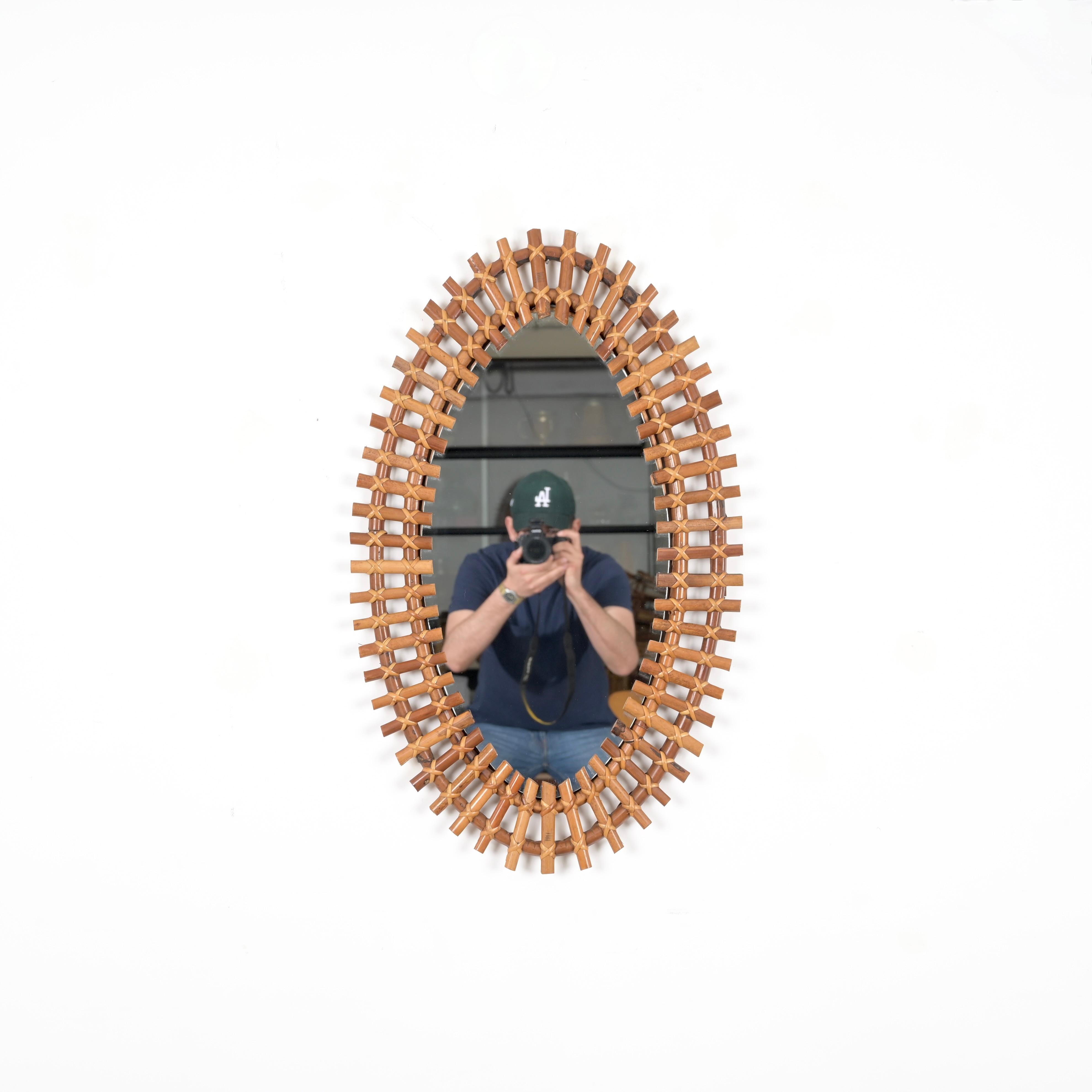 Midcentury French Riviera Oval Mirror in Rattan Wicker and Bamboo, Italy 1960s For Sale 3