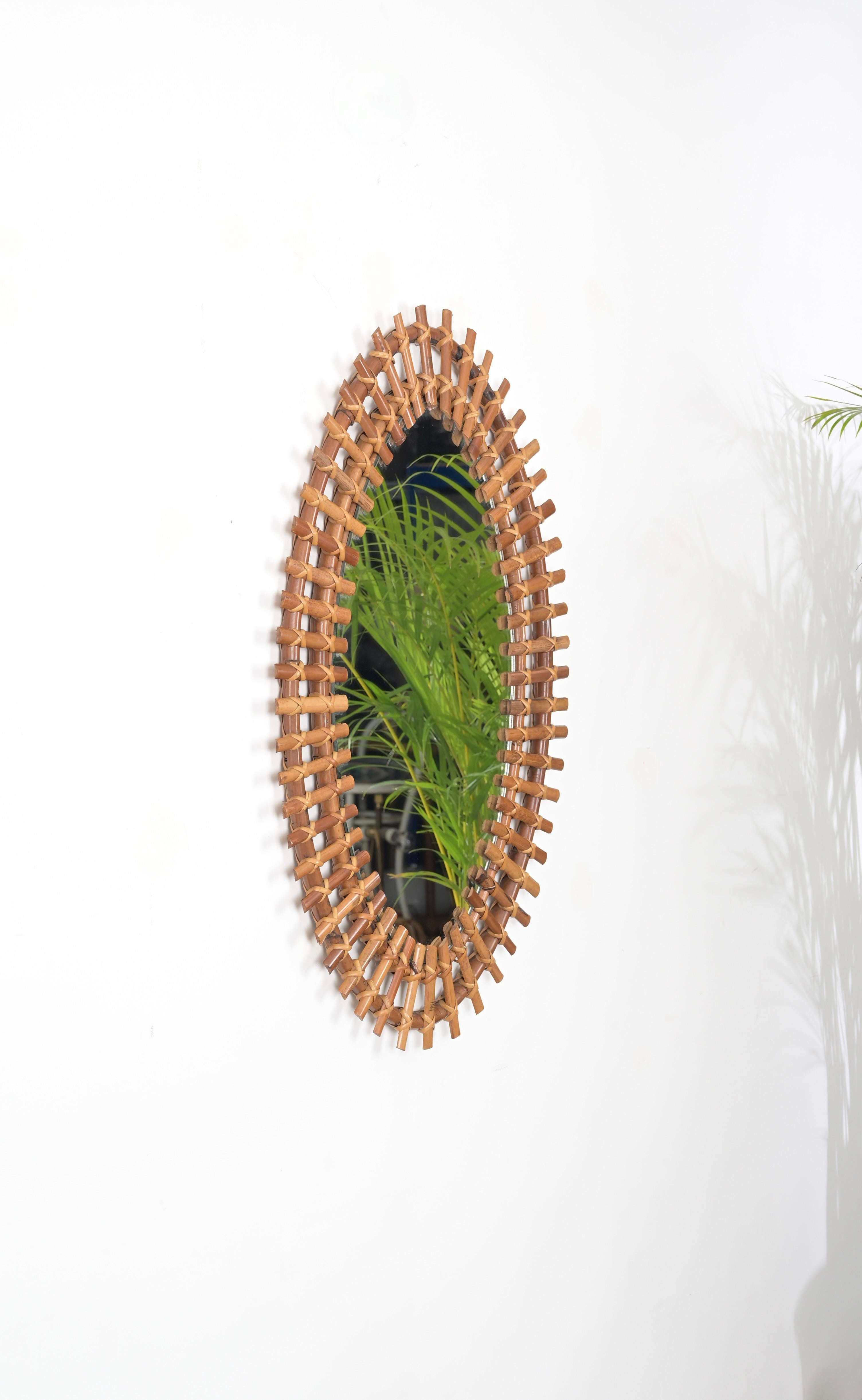 Midcentury French Riviera Oval Mirror in Rattan Wicker and Bamboo, Italy 1960s For Sale 4