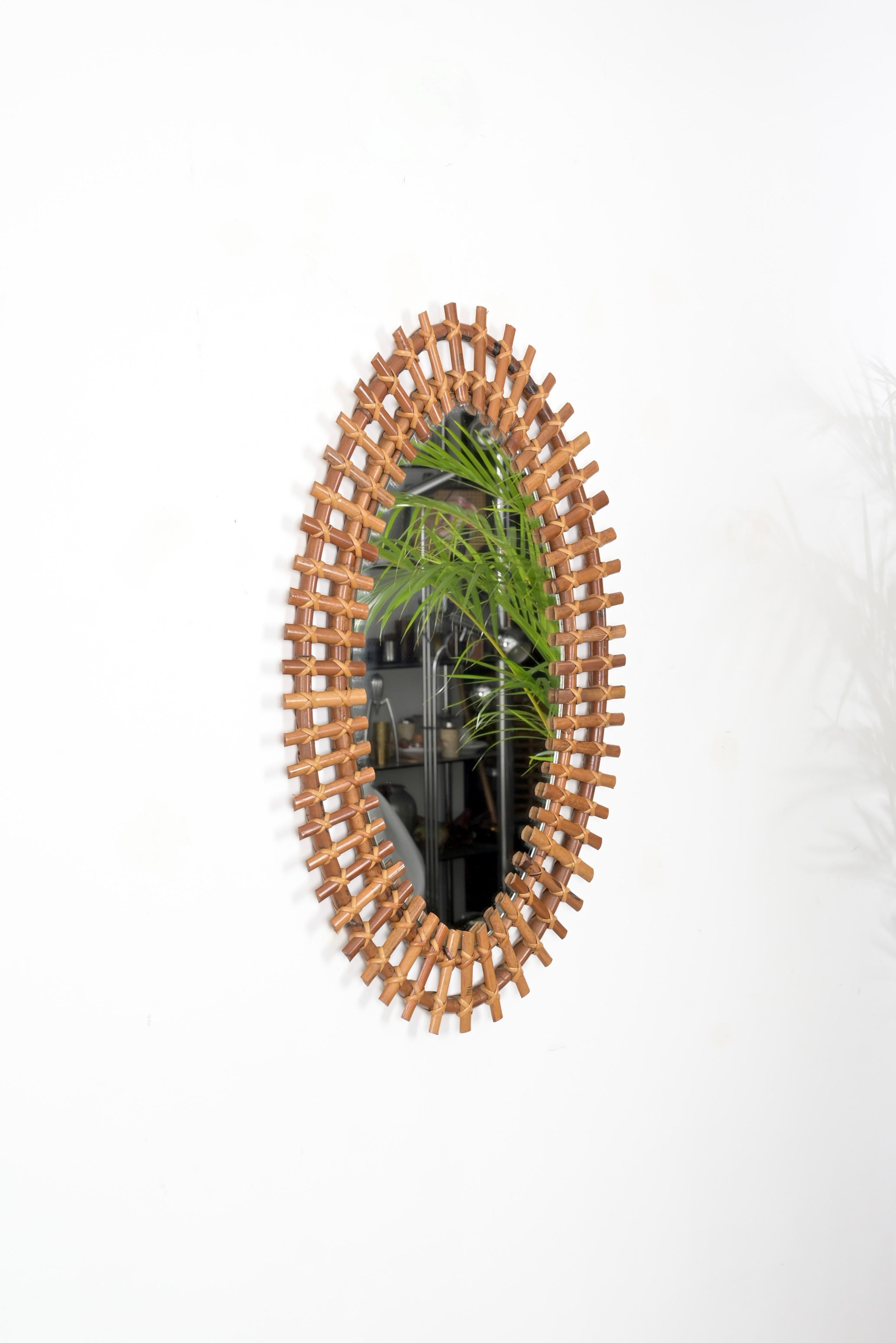 Mid-Century Modern Midcentury French Riviera Oval Mirror in Rattan Wicker and Bamboo, Italy 1960s For Sale