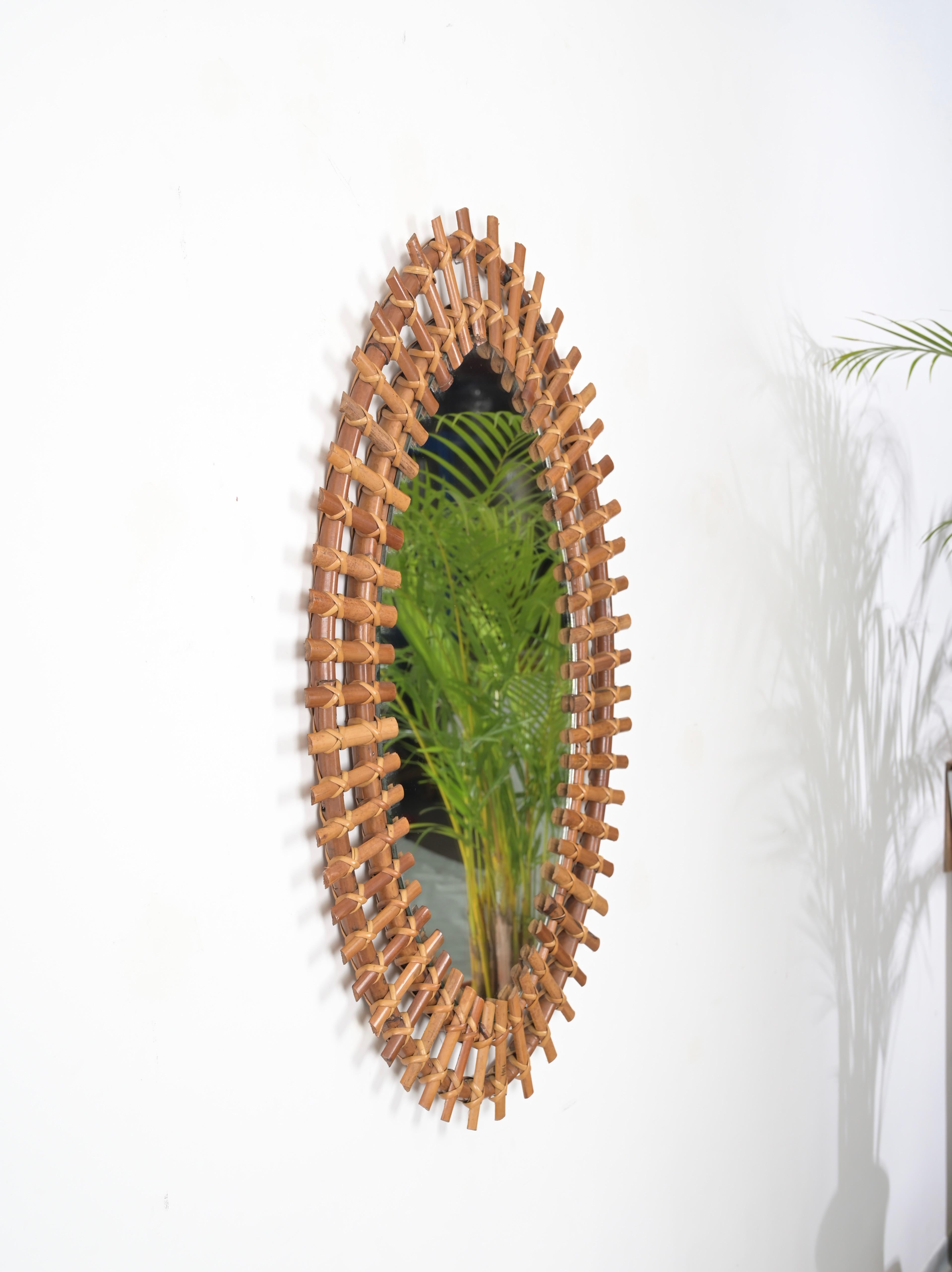 Italian Midcentury French Riviera Oval Mirror in Rattan Wicker and Bamboo, Italy 1960s For Sale