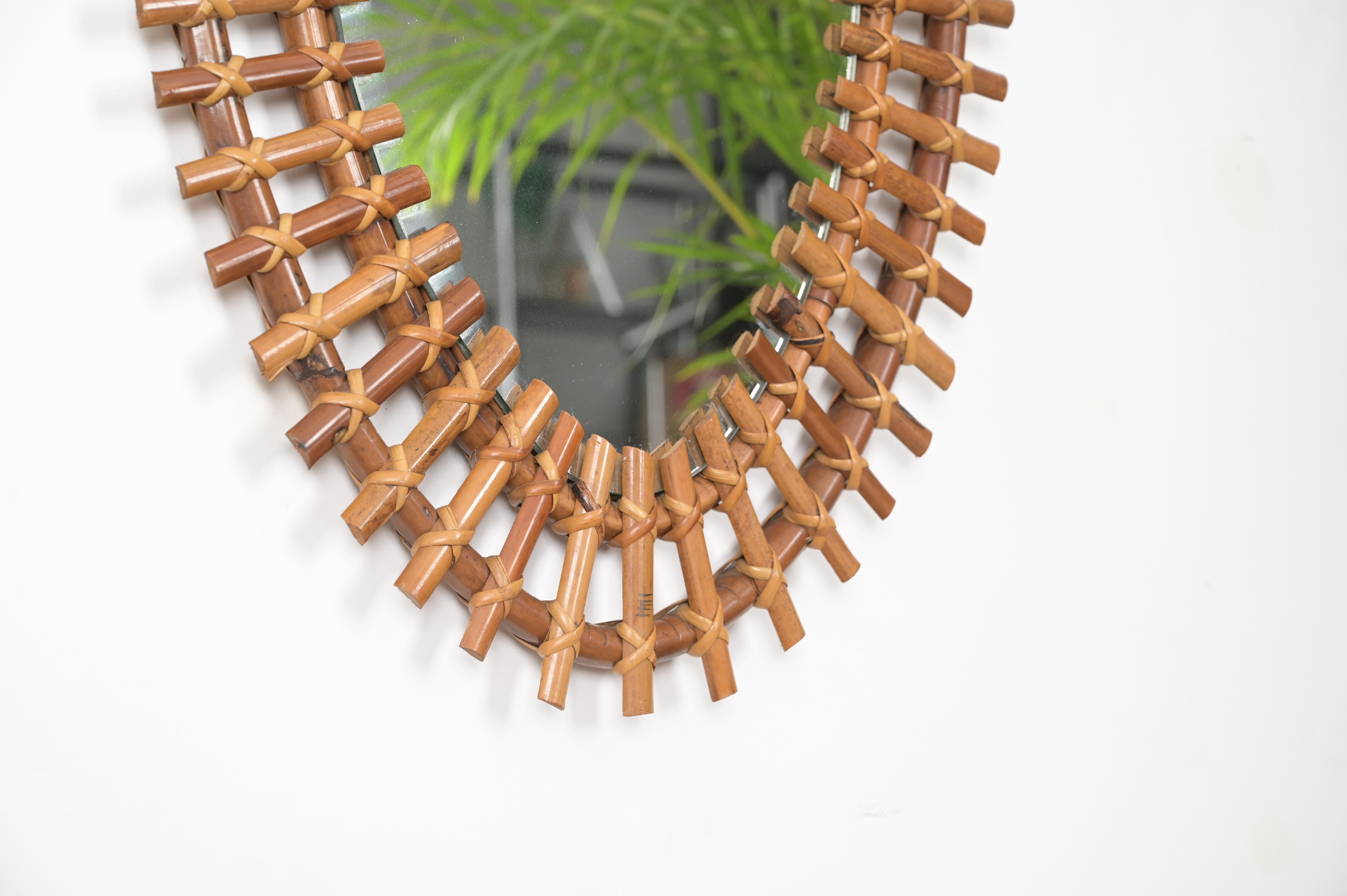Hand-Crafted Midcentury French Riviera Oval Mirror in Rattan Wicker and Bamboo, Italy 1960s For Sale