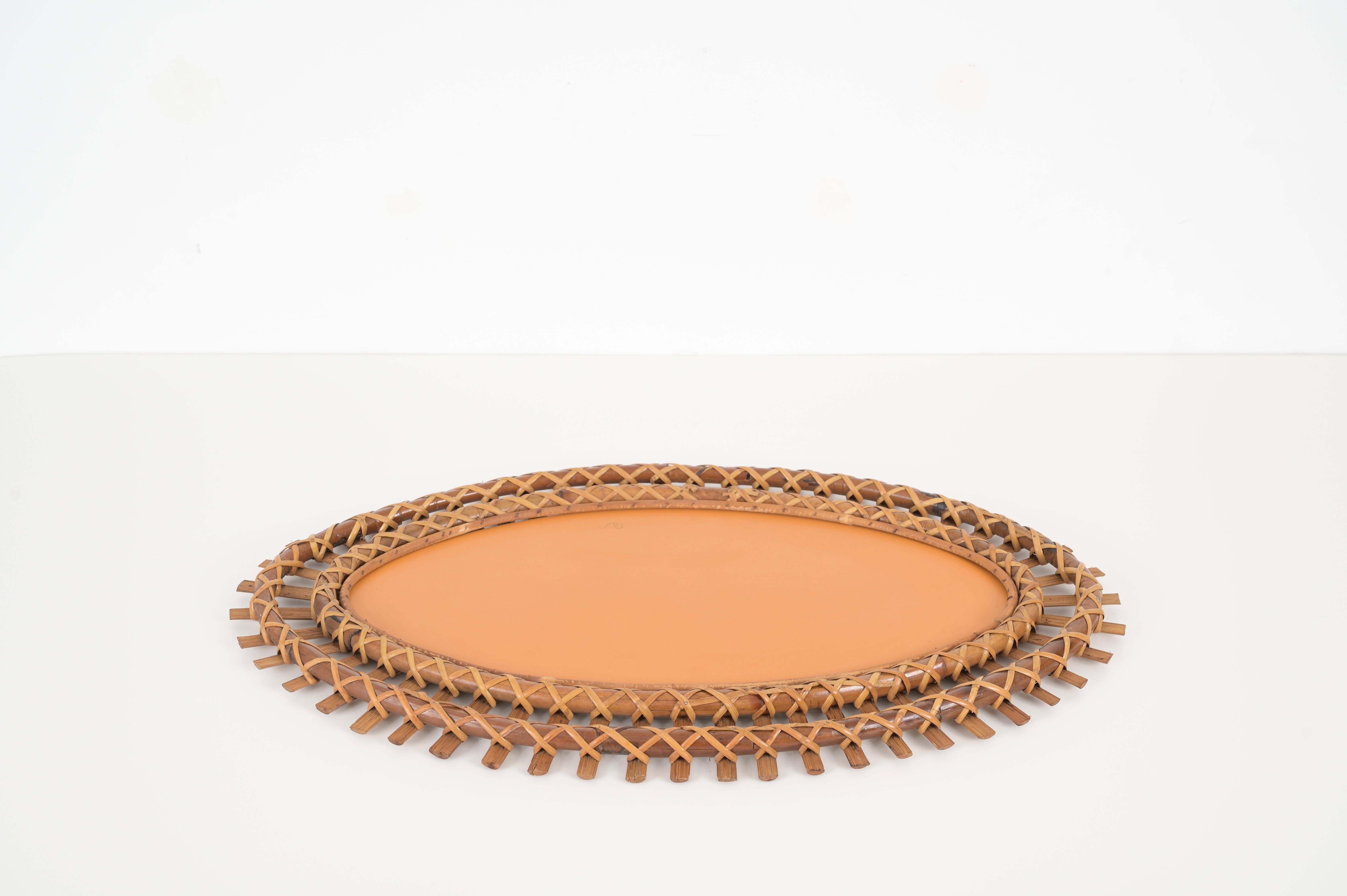 Midcentury French Riviera Oval Mirror in Rattan Wicker and Bamboo, Italy 1960s In Good Condition For Sale In Roma, IT