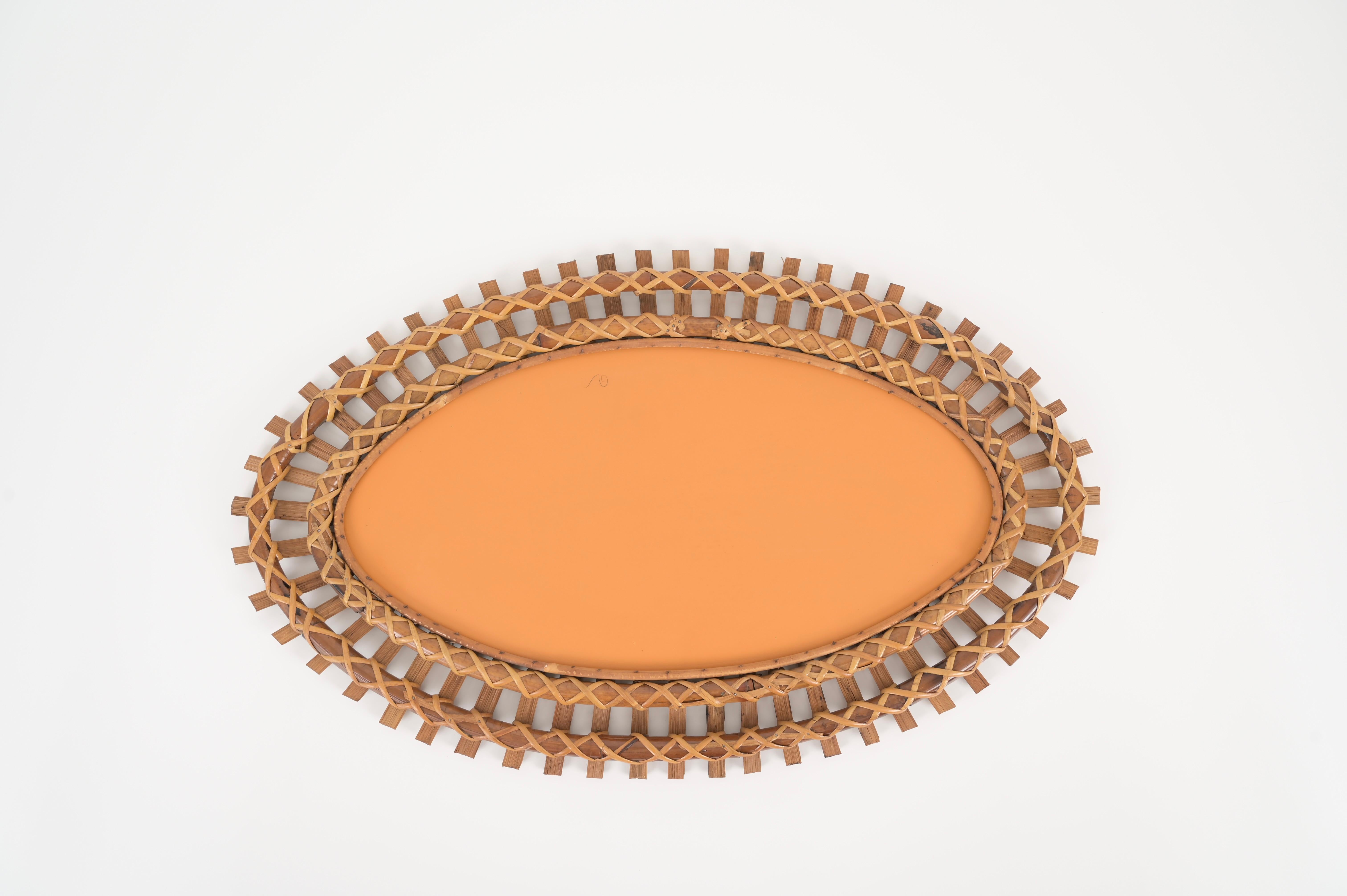 Mid-20th Century Midcentury French Riviera Oval Mirror in Rattan Wicker and Bamboo, Italy 1960s For Sale