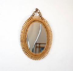 Midcentury French Riviera Oval Wall Mirror Rattan & Bamboo, Italy, 1960s