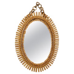 Vintage Midcentury French Riviera Oval Wall Mirror Rattan & Bamboo, Italy, 1960s