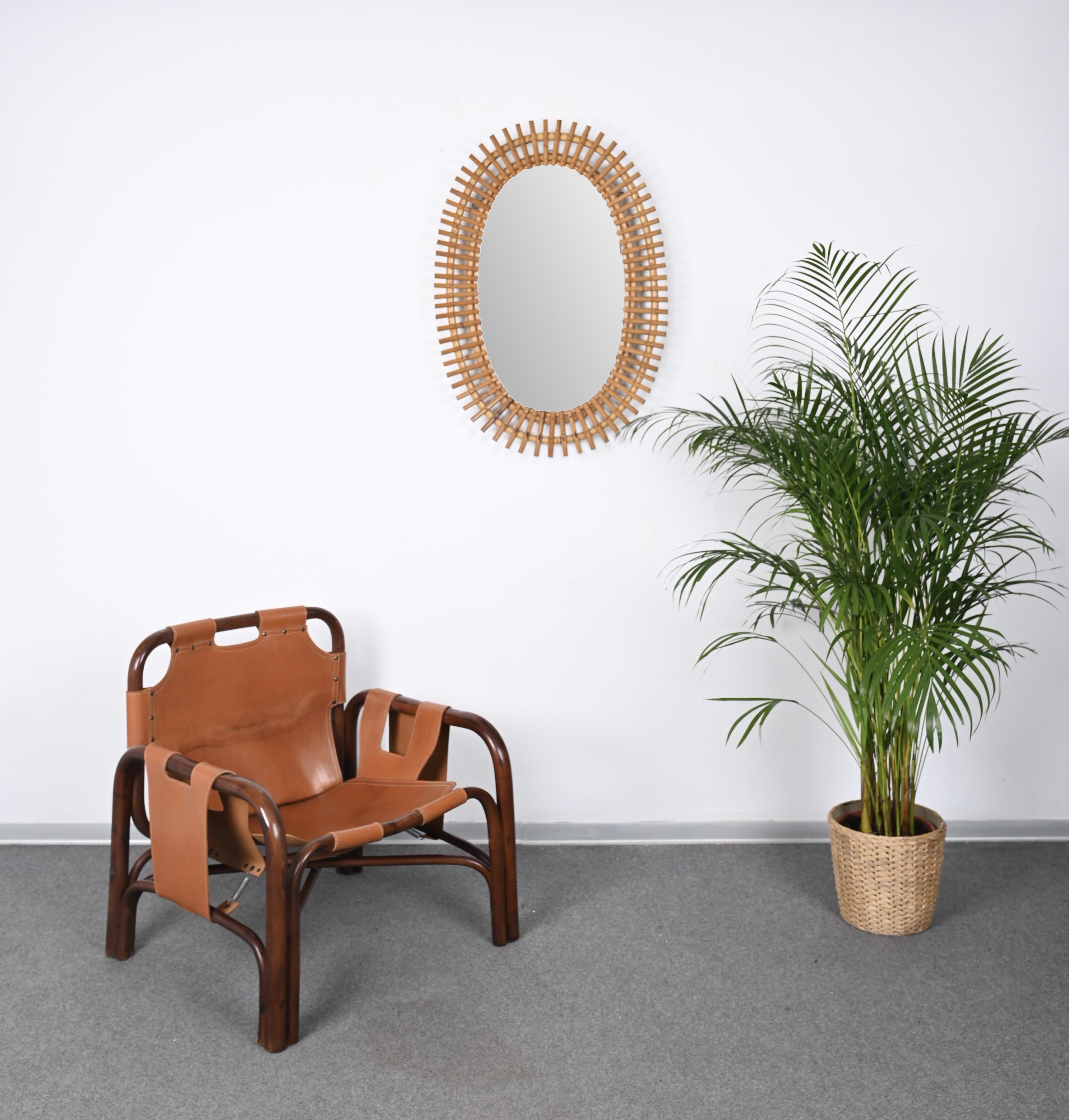 Midcentury French Riviera Oval Wall Mirror with Bamboo and Rattan Frame, 1960s 4