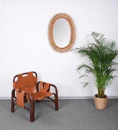 Midcentury French Riviera Oval Wall Mirror with Bamboo and Rattan Frame, 1960s